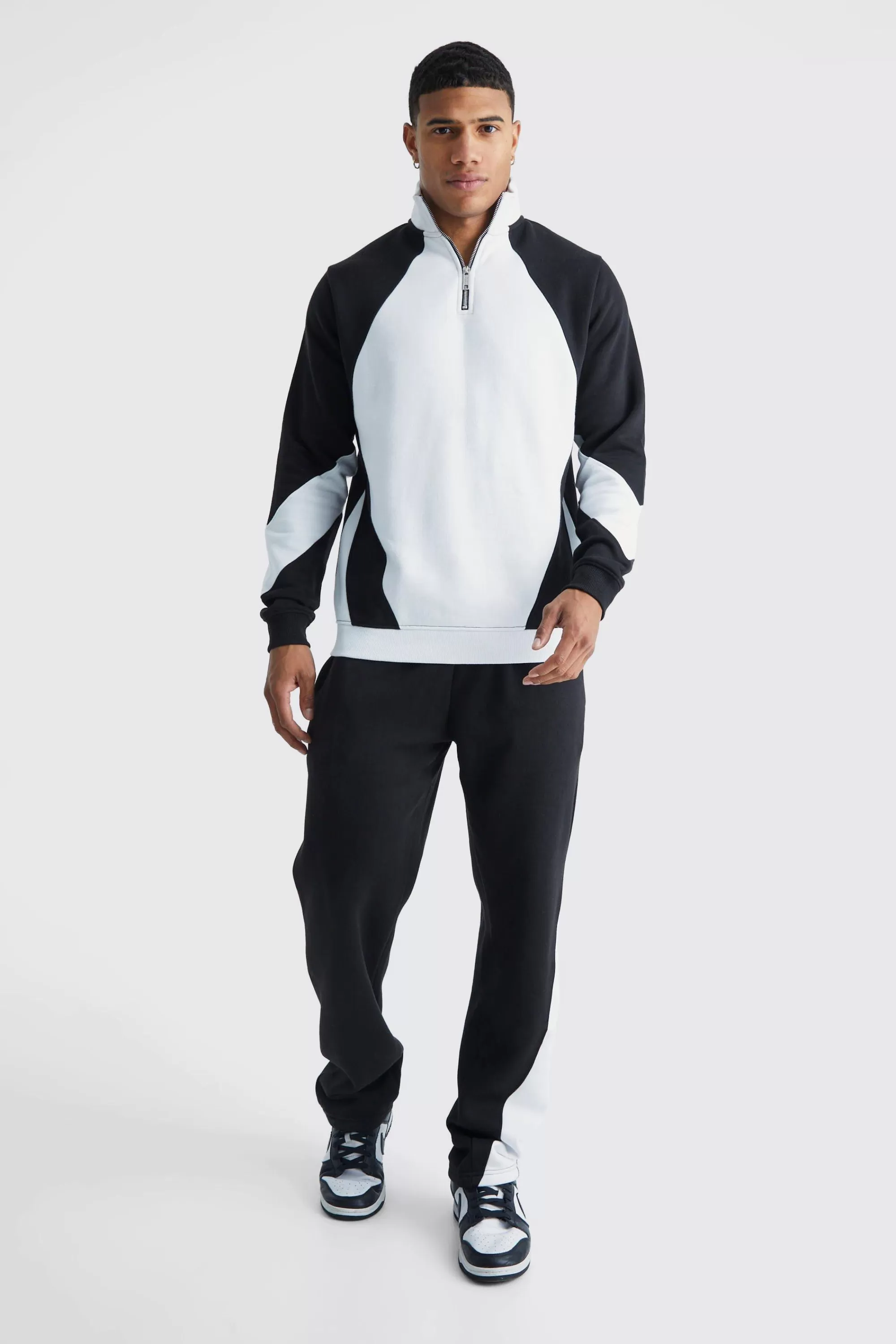 boohooMAN 1/4 Zip Funnel Neck Colour Block Sweatshirt Tracksuit | UK