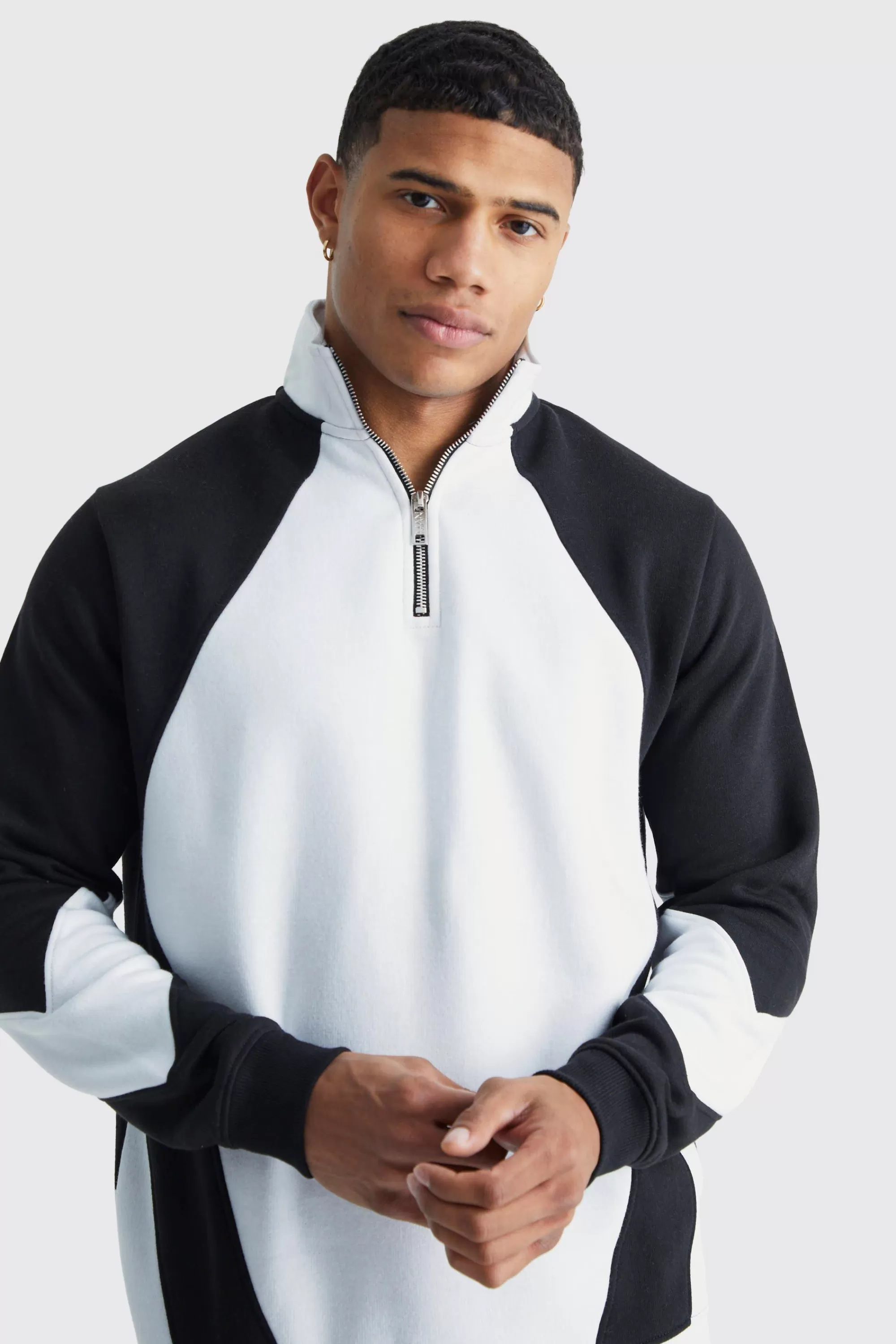 boohooMAN 1/4 Zip Funnel Neck Colour Block Sweatshirt Tracksuit | UK