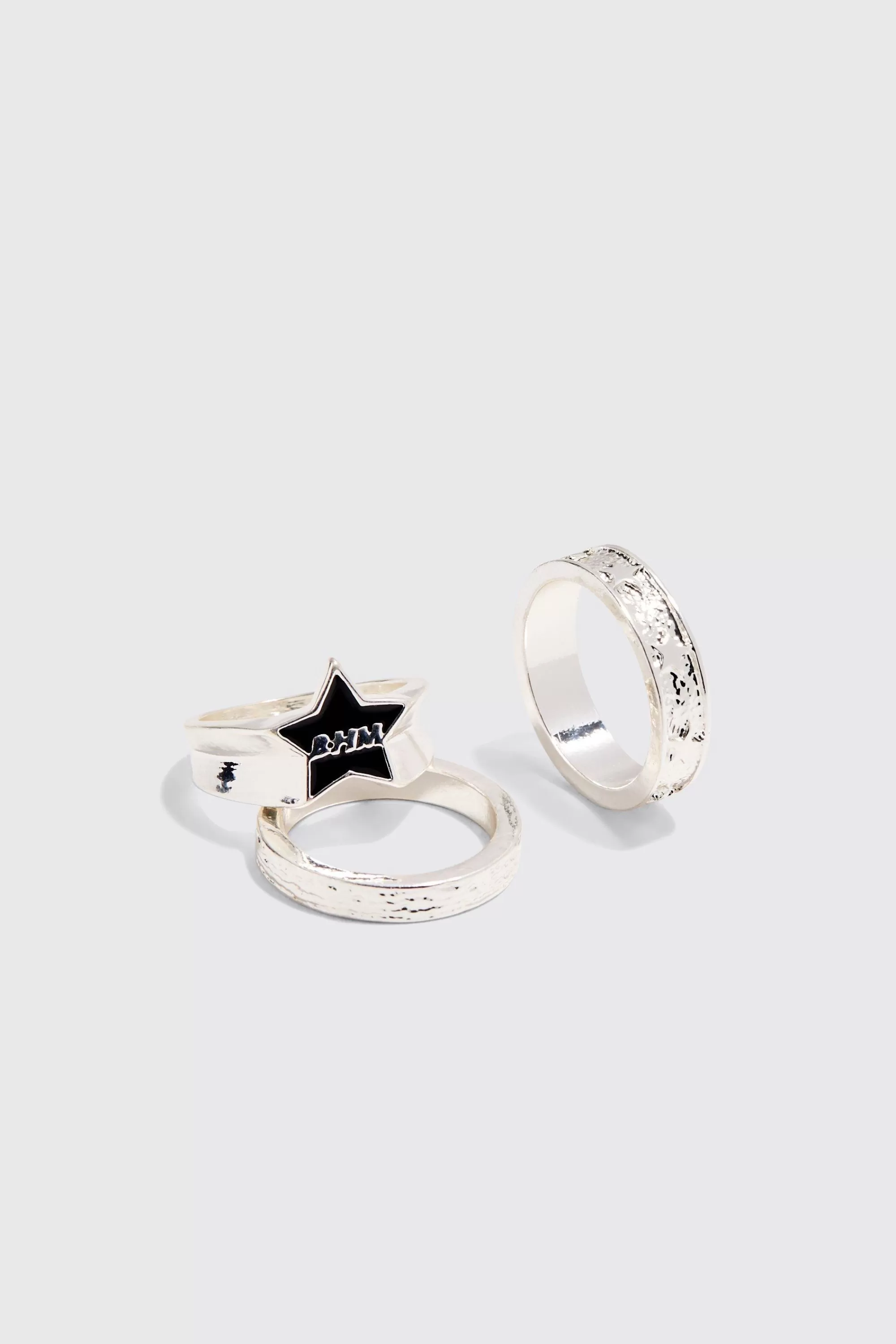 boohooMAN 3 Pack BHM Star Rings In | UK