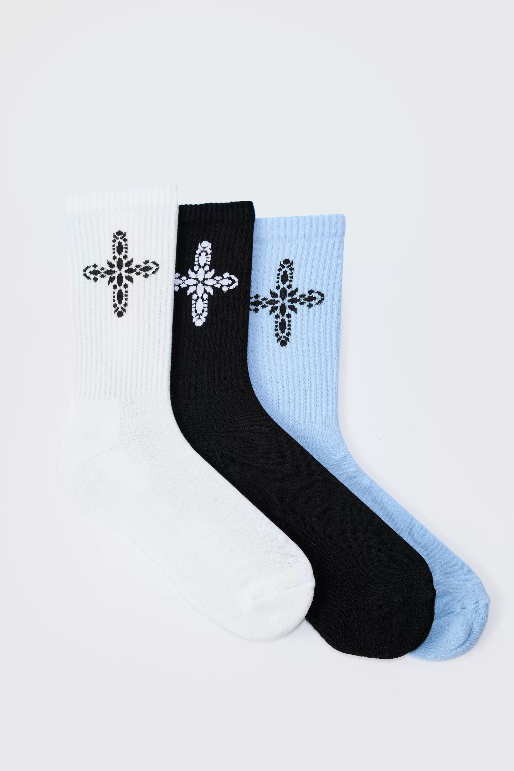 boohooMAN 3 Pack Cross Graphic Ribbed Socks | UK
