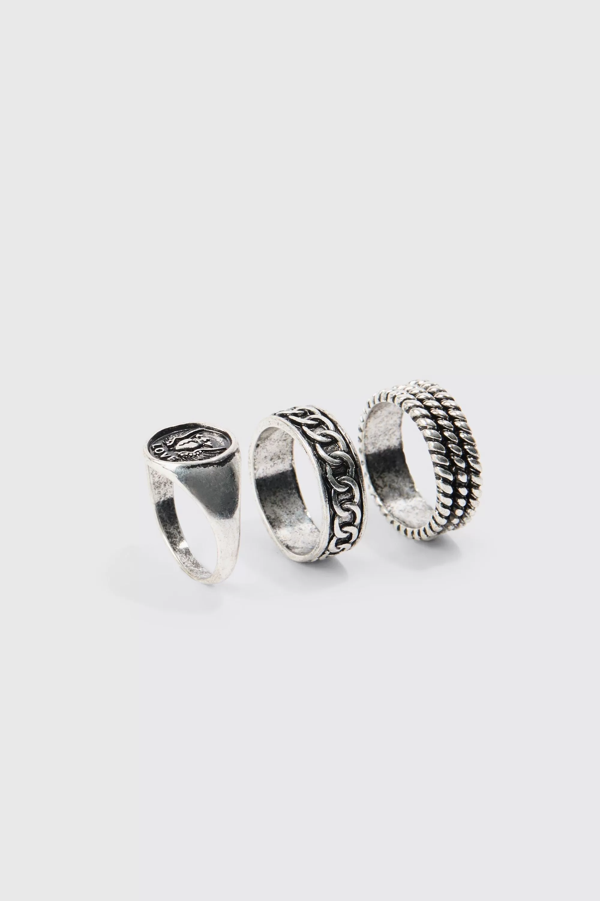 boohooMAN 3 Pack Embossed Rings In | UK