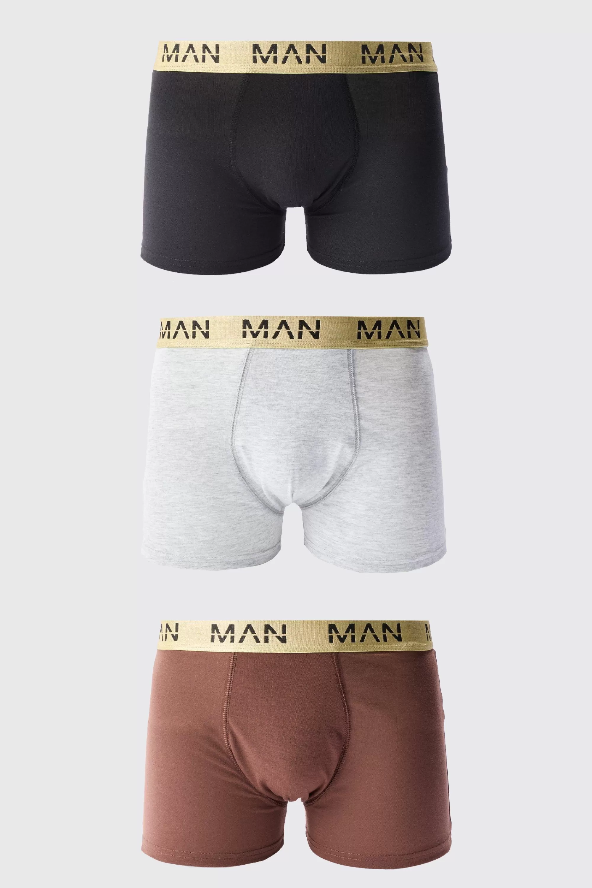 boohooMAN 3 Pack Man Dash Gold Waistband Boxers | UK