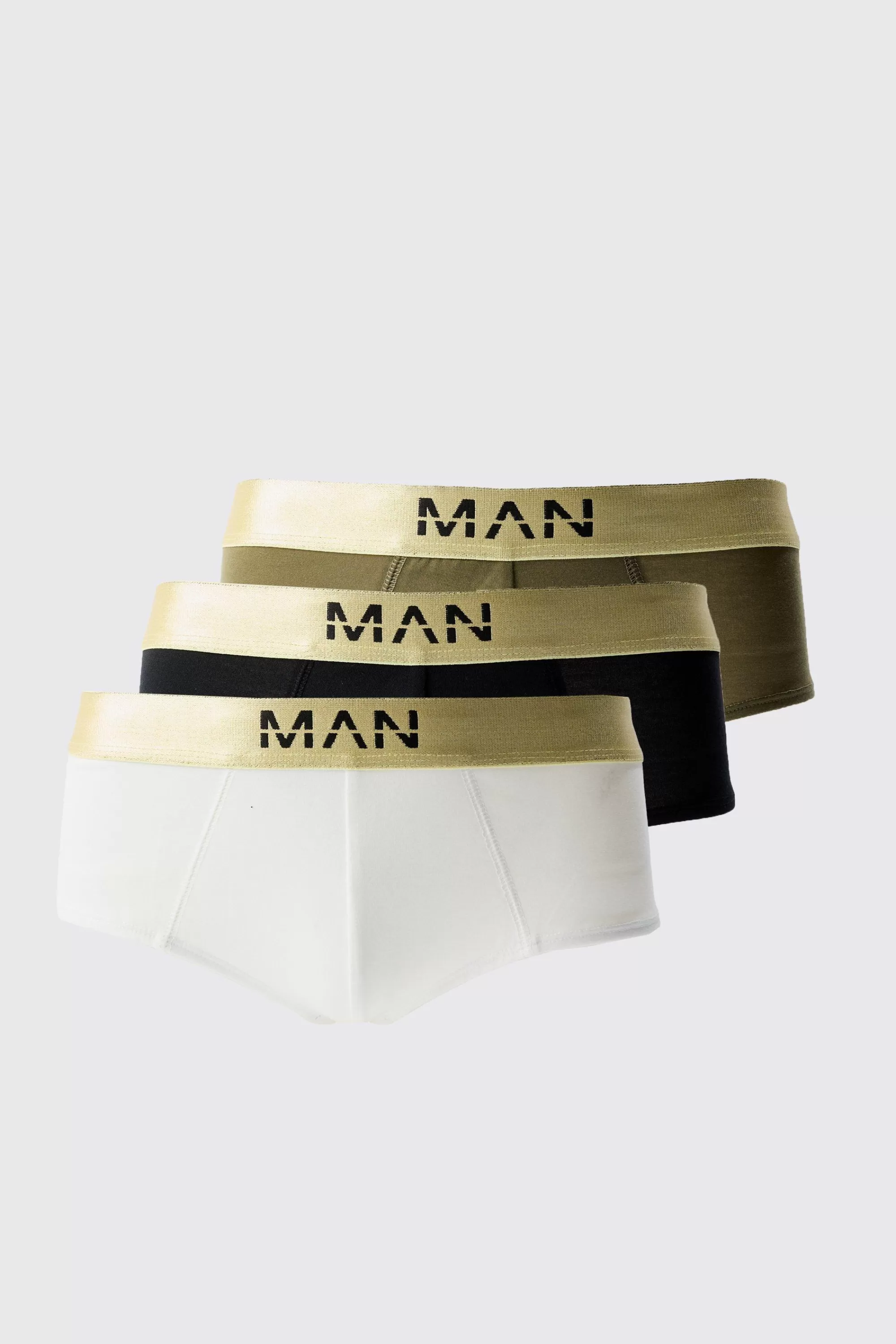 boohooMAN 3 Pack Man Dash Gold Waistband Briefs | UK