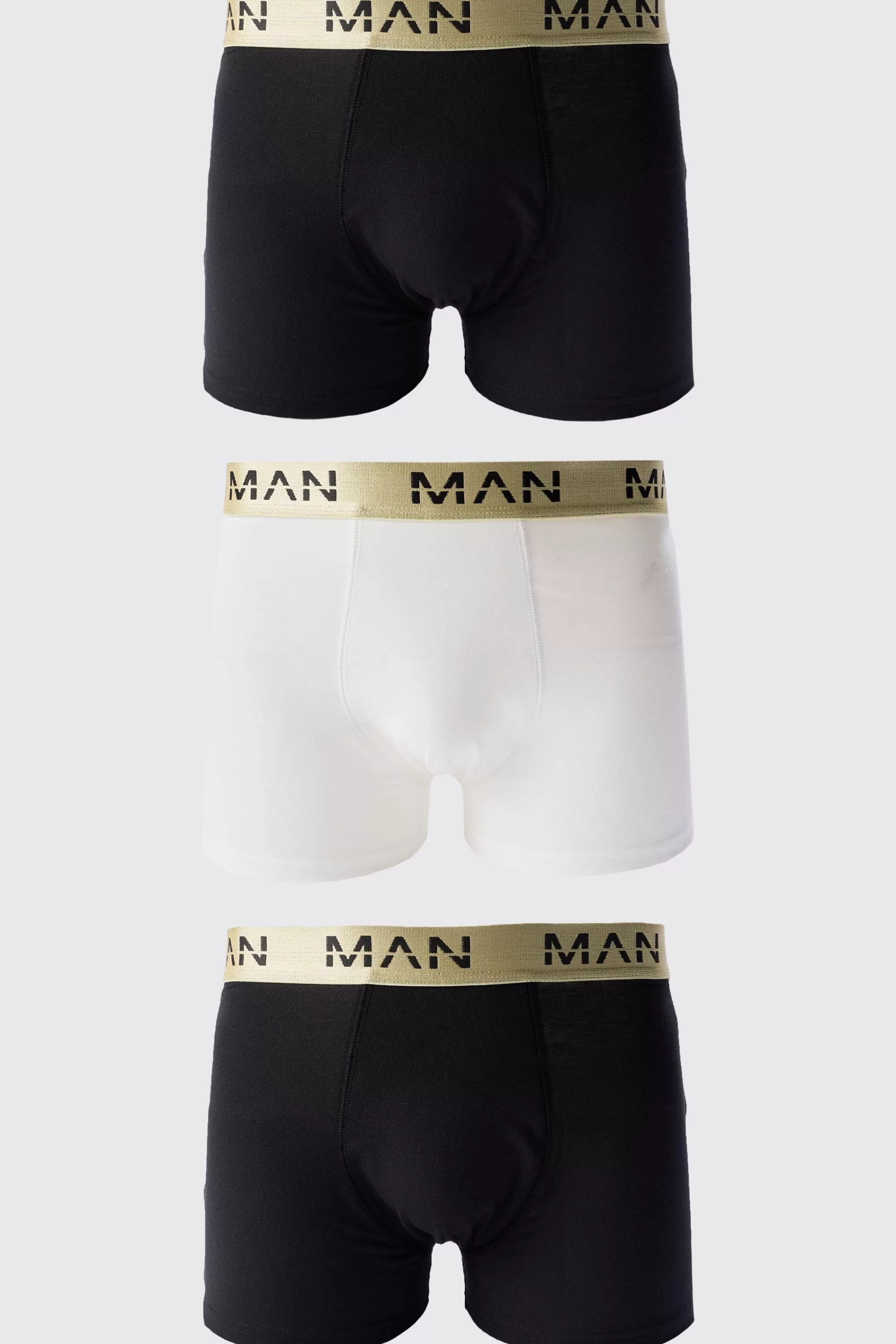 boohooMAN 3 Pack Man Roman Gold Waistband Boxers In | UK