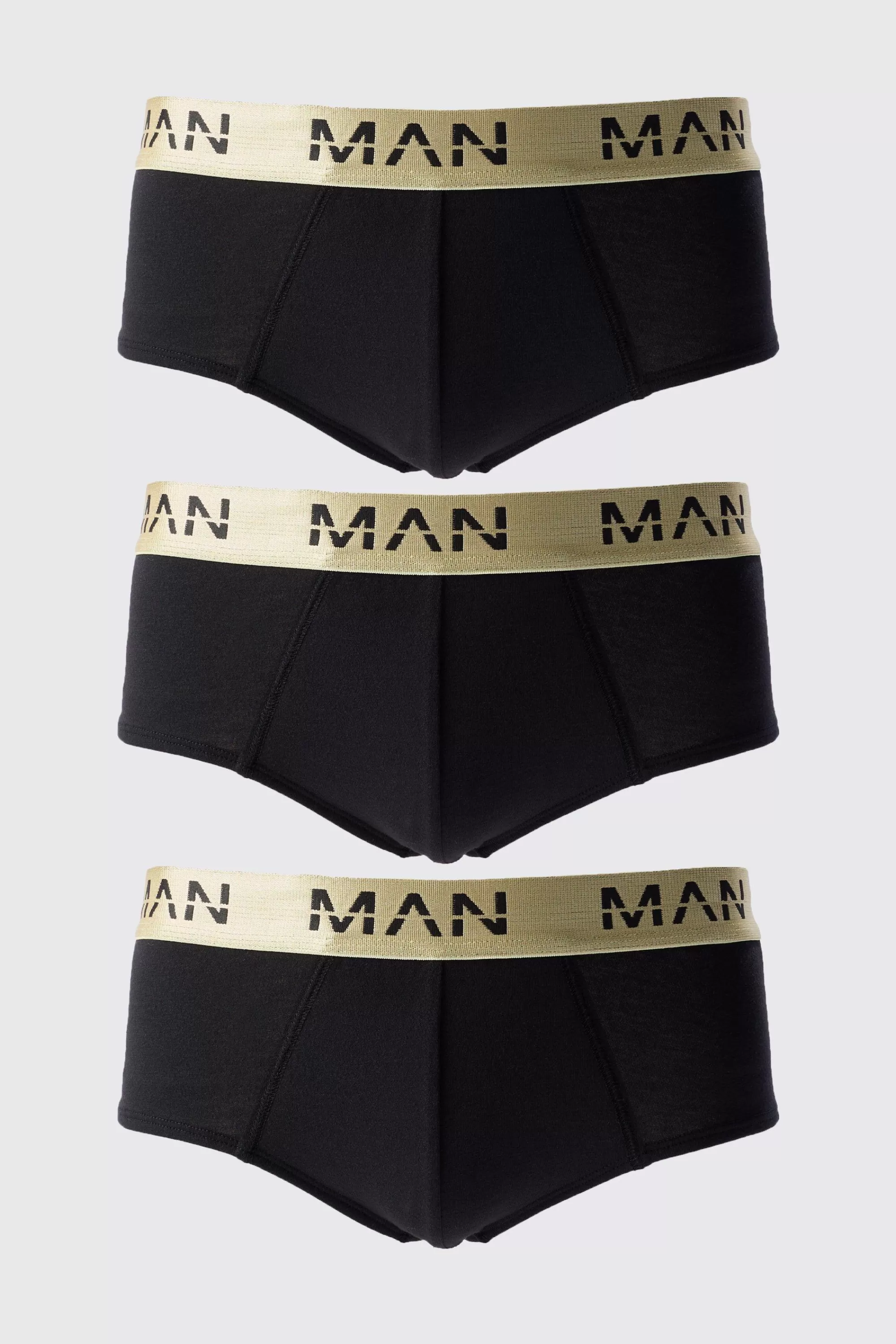 boohooMAN 3 Pack Man Roman Gold Waistband Briefs In | UK