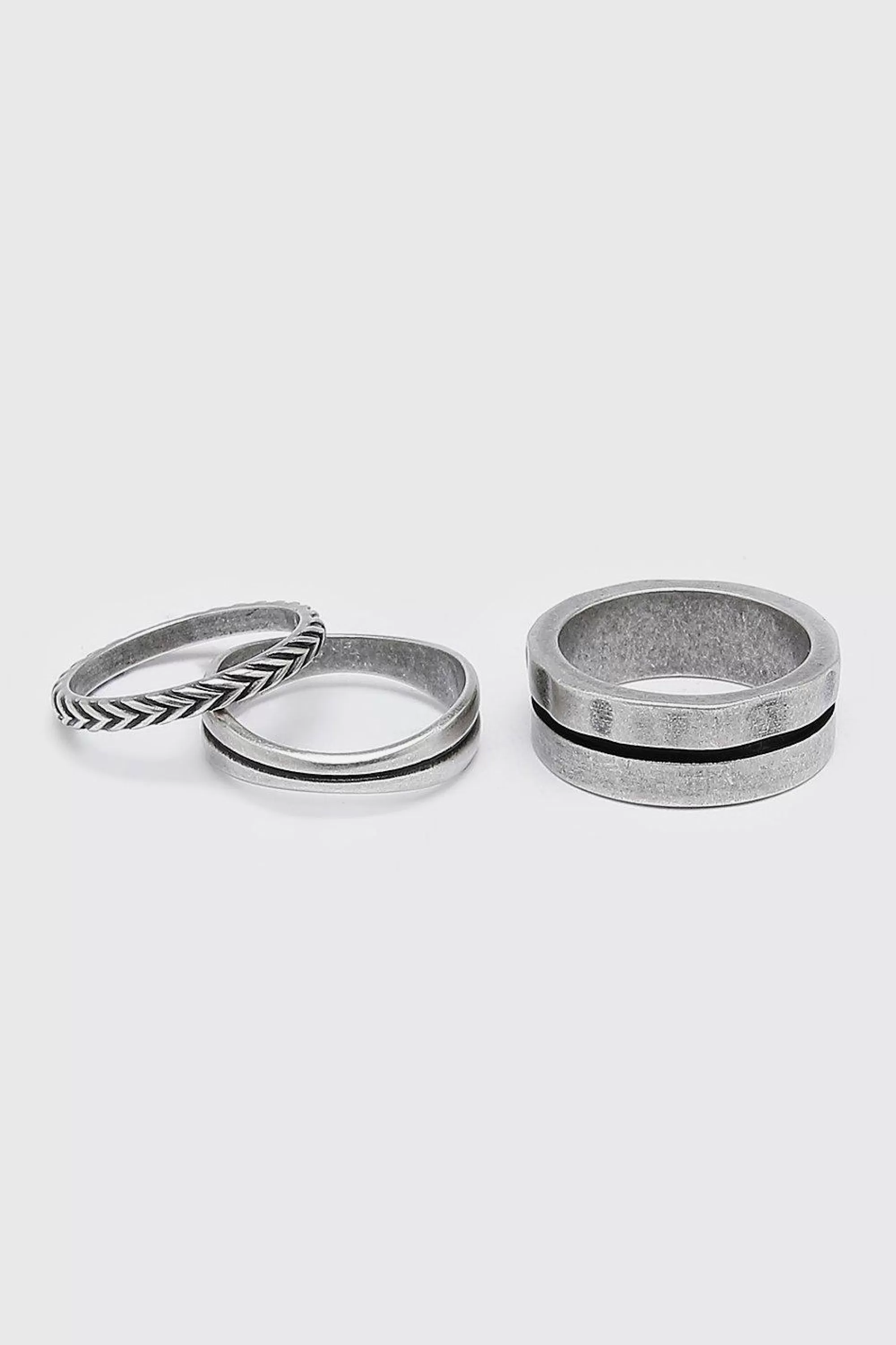 boohooMAN 3 Pack Silver Ring Set With Stripe Detail | UK