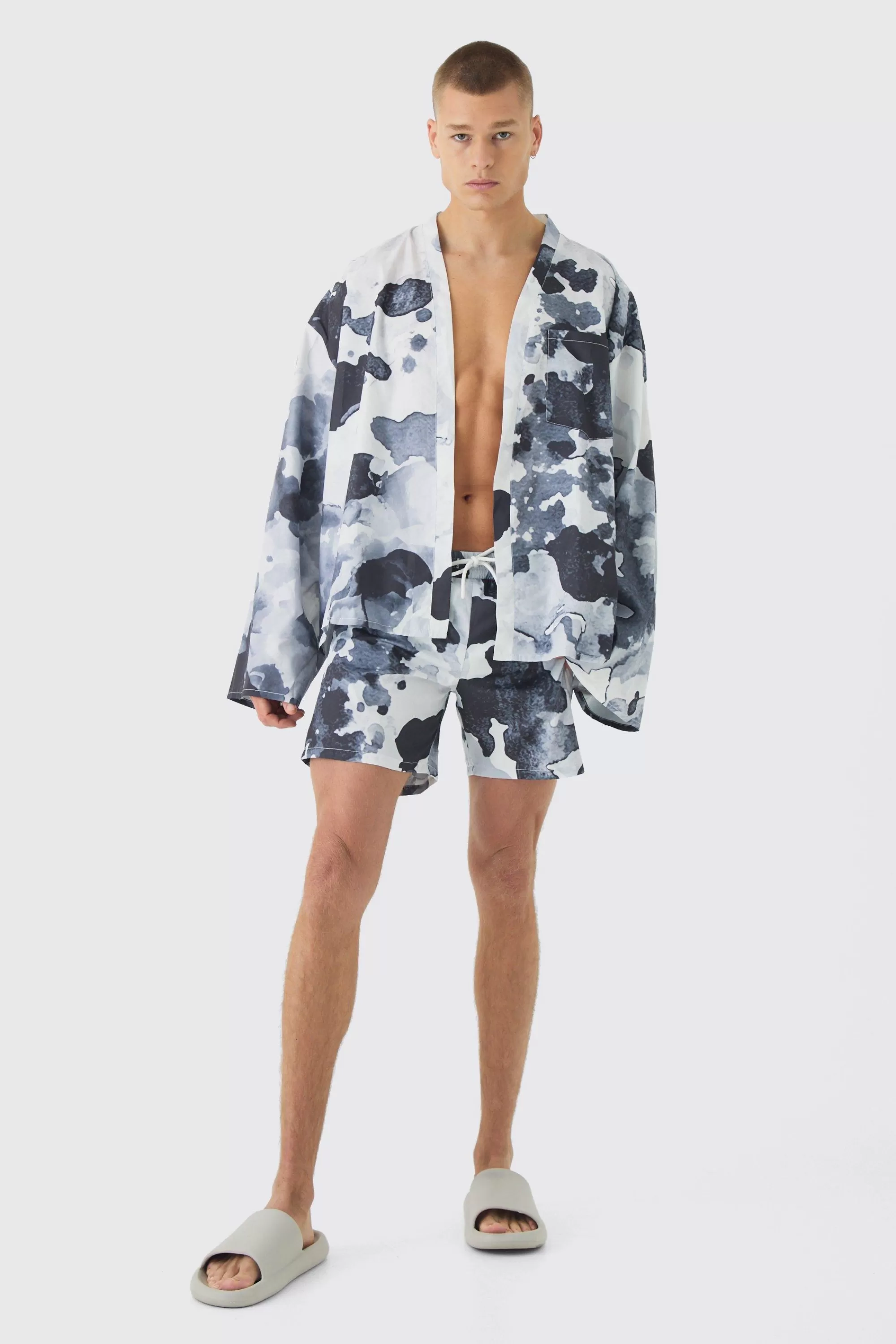boohooMAN Abstract Print Kimono Shirt & Swim Short Set | UK