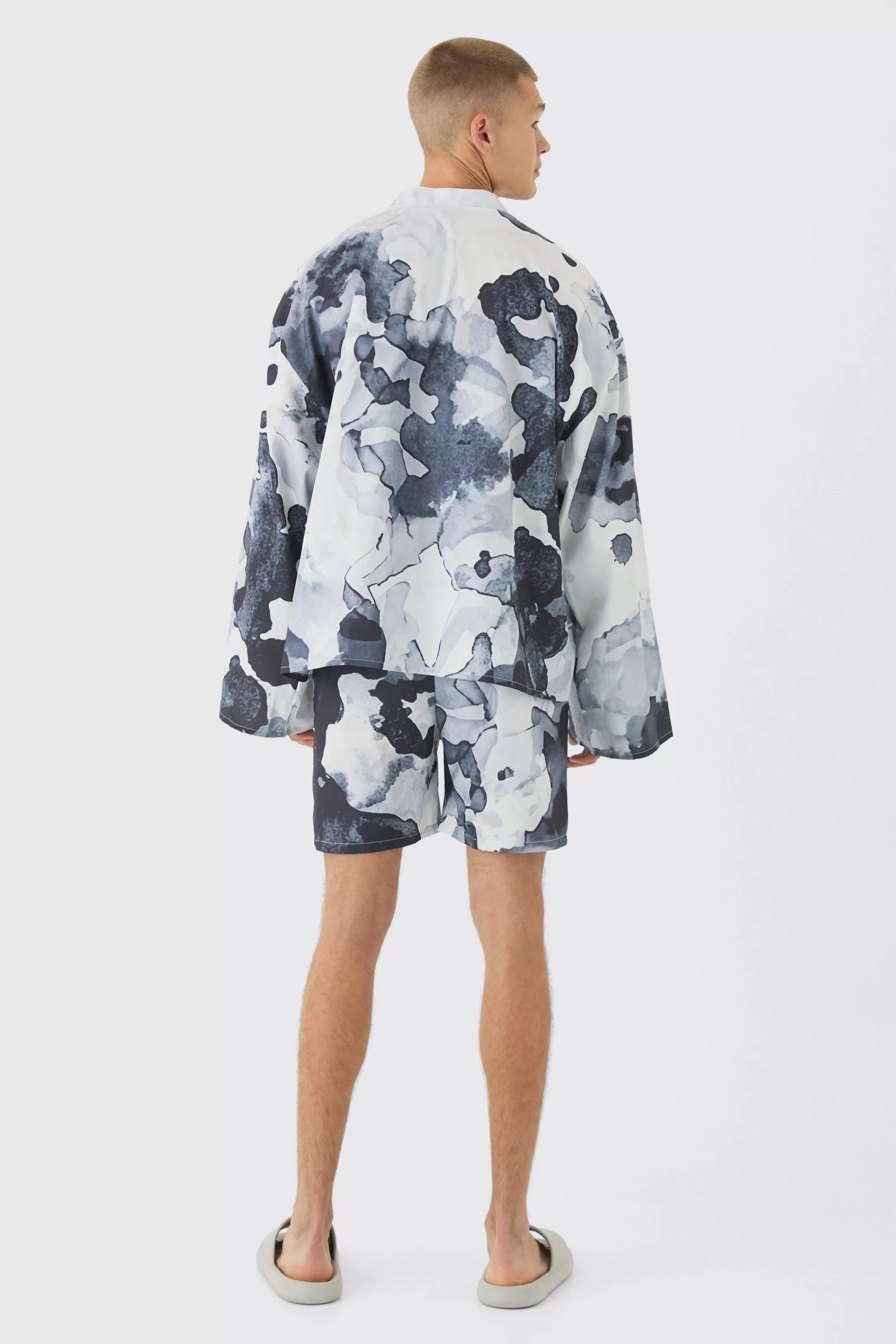 boohooMAN Abstract Print Kimono Shirt & Swim Short Set | UK