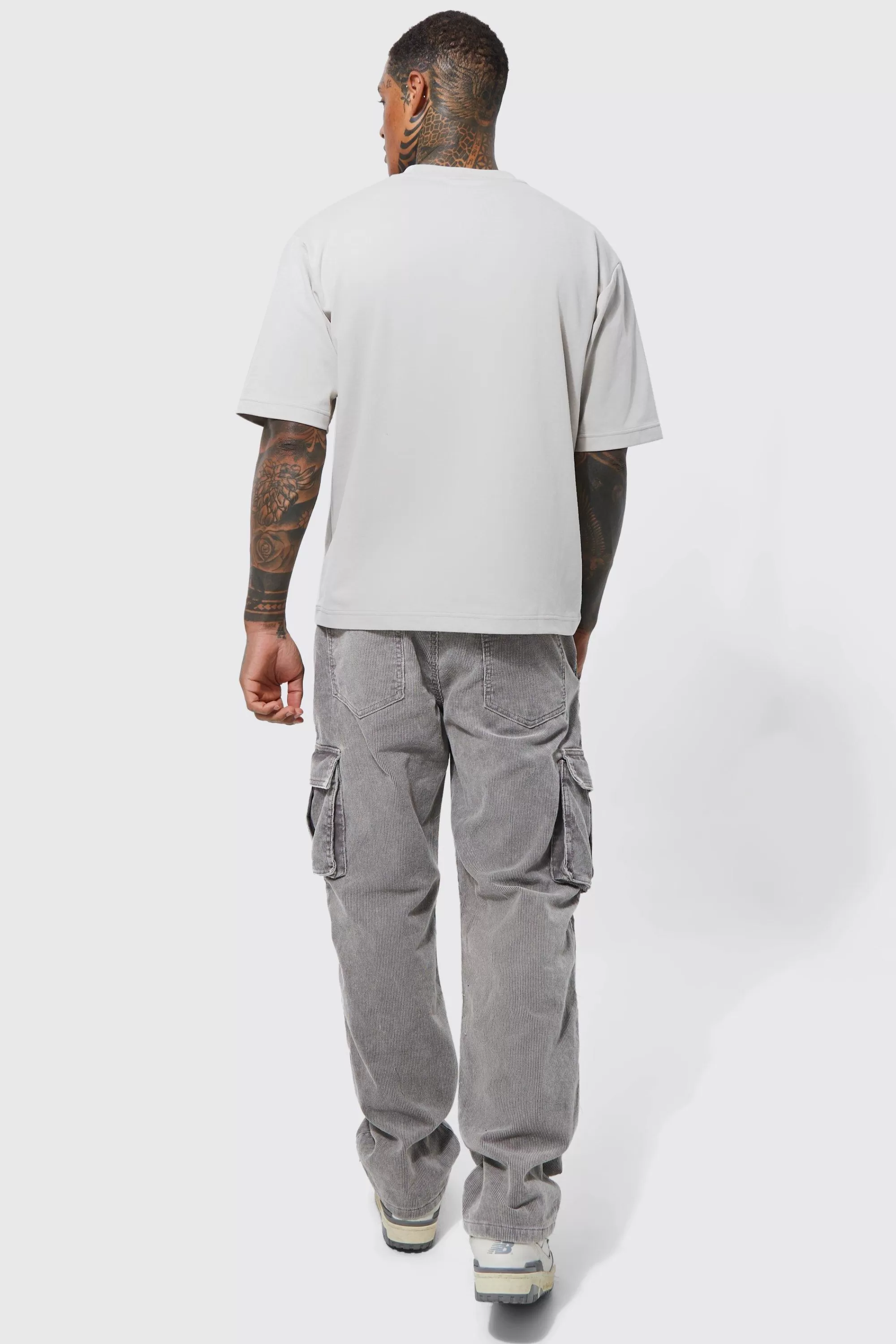 boohooMAN Acid Wash Relaxed Cord Cargo Trousers | UK