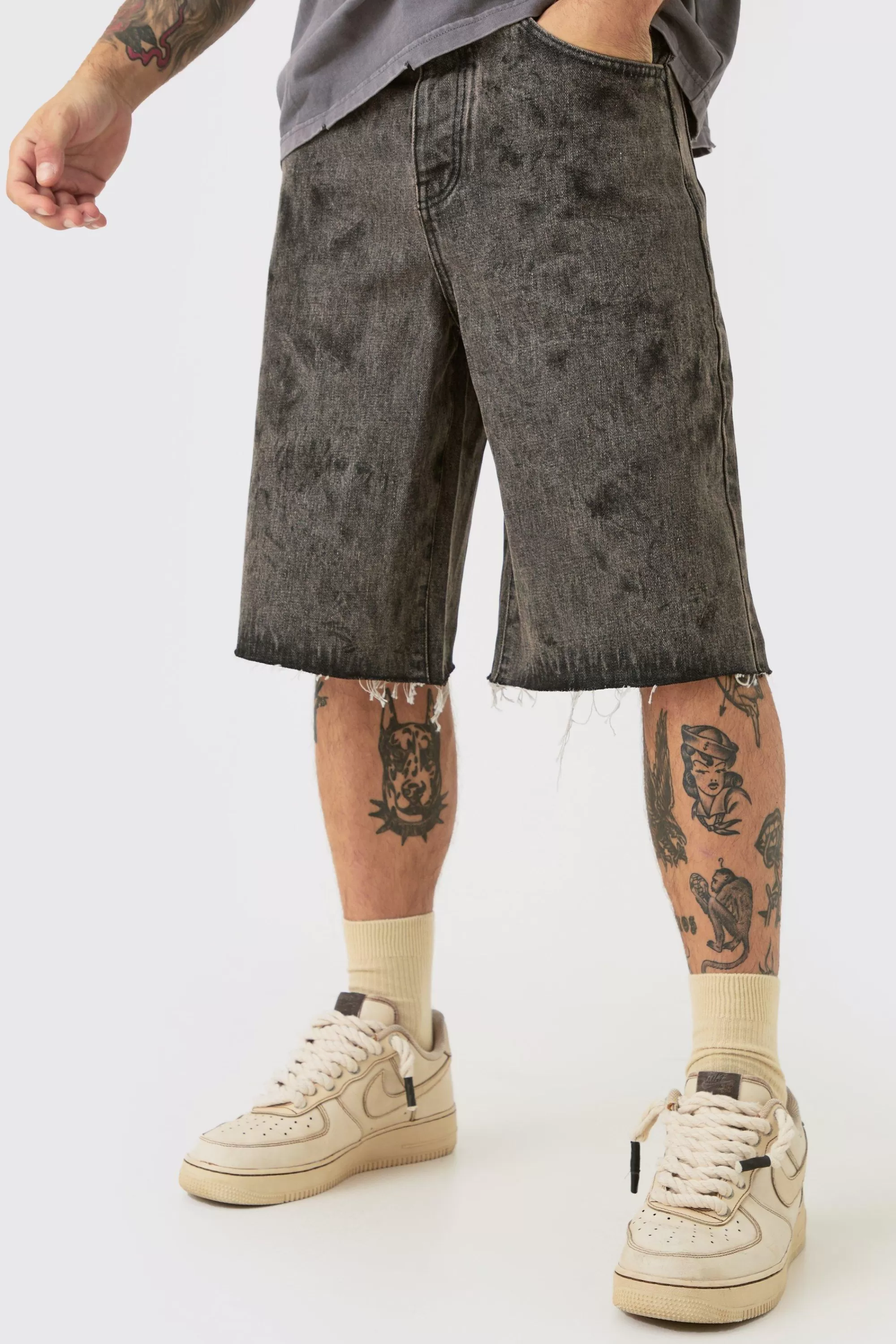 boohooMAN Acid Washed Denim Jorts In | UK