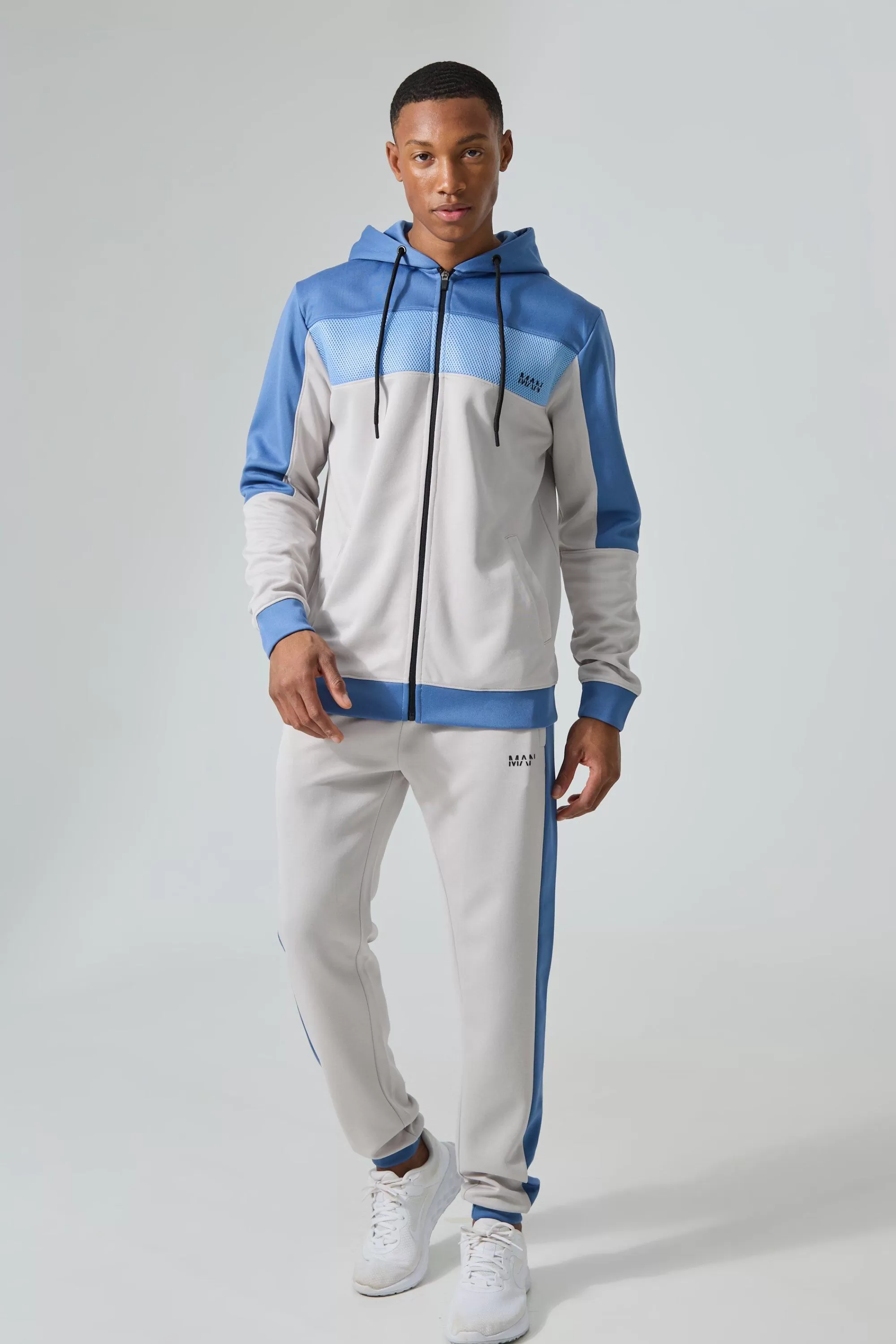 boohooMAN Active Scuba Mesh Panel Zip Through Tracksuit | UK
