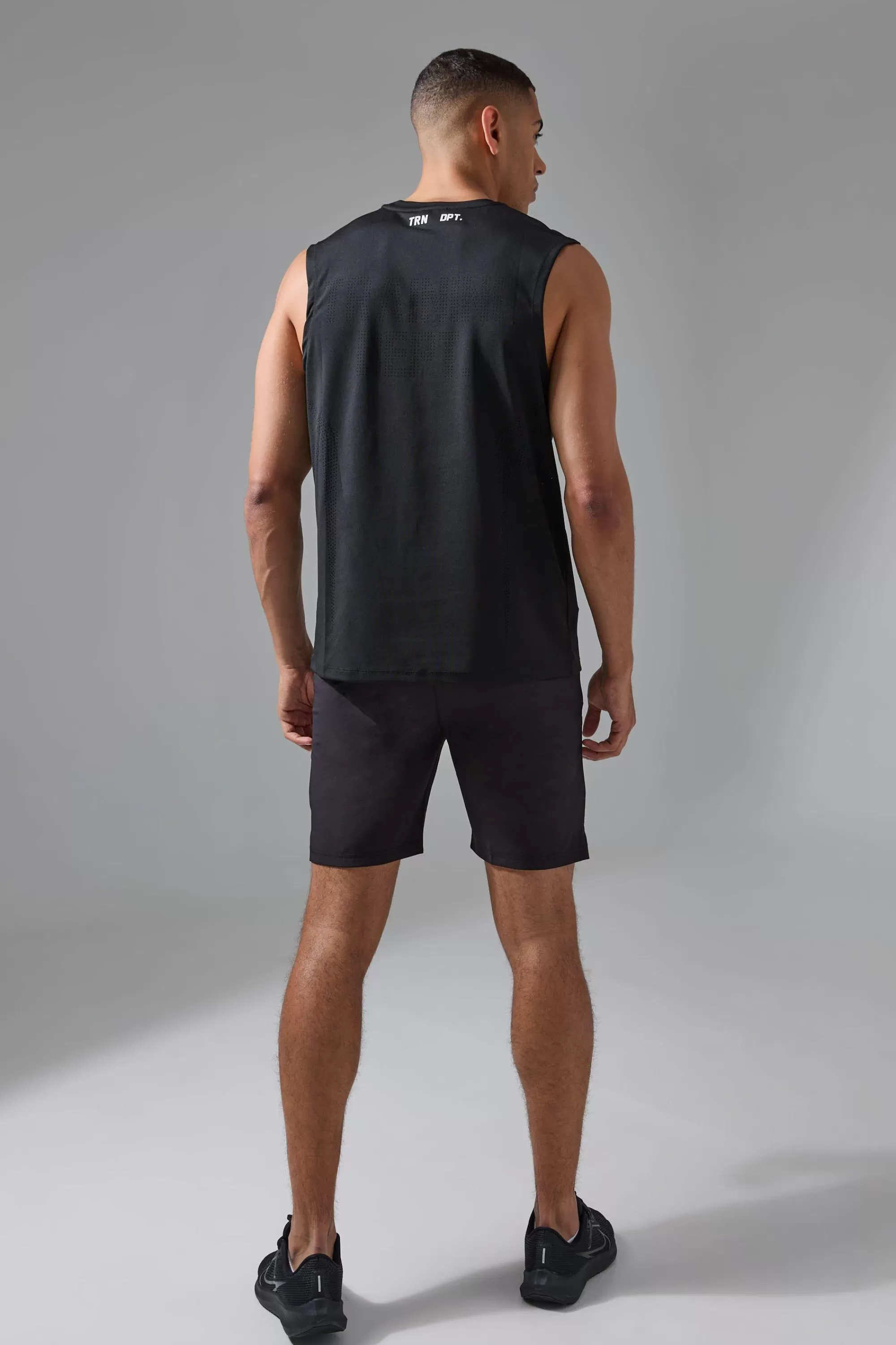 boohooMAN Active Training Dept Perforated Tank & Short Set | UK