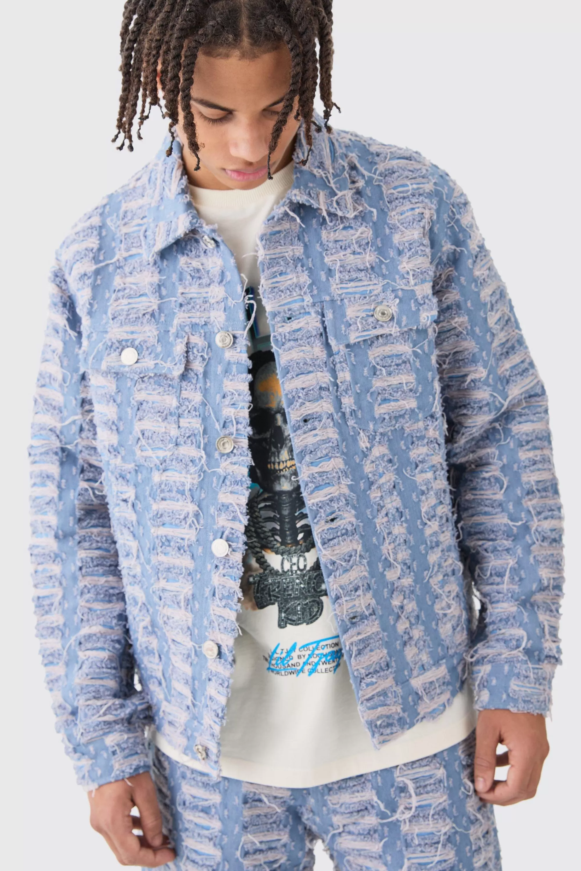 boohooMAN All Over Distressed Denim Jacket | UK