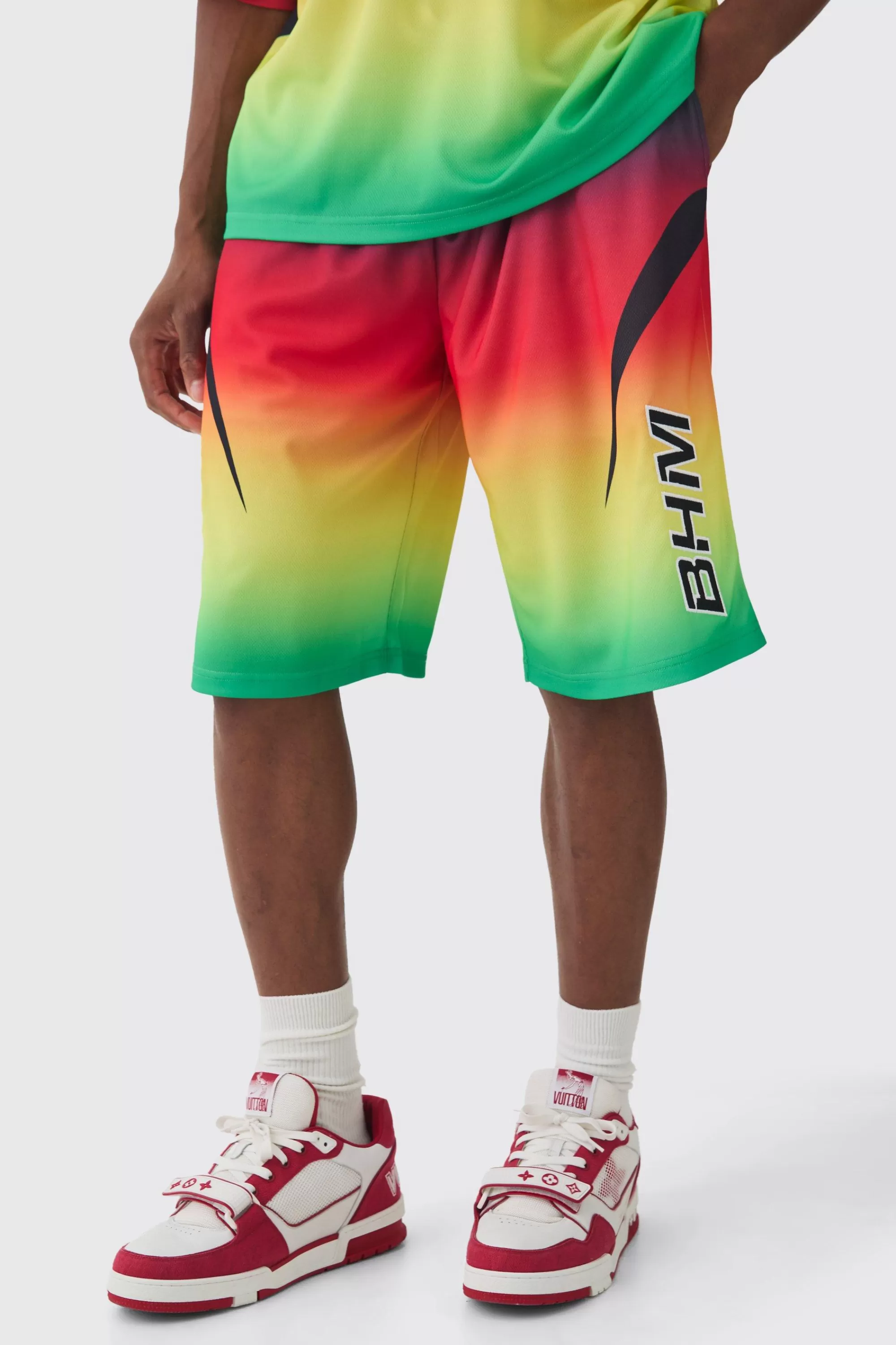 boohooMAN Applique Moto Mesh Long Length Basketball Shorts | UK