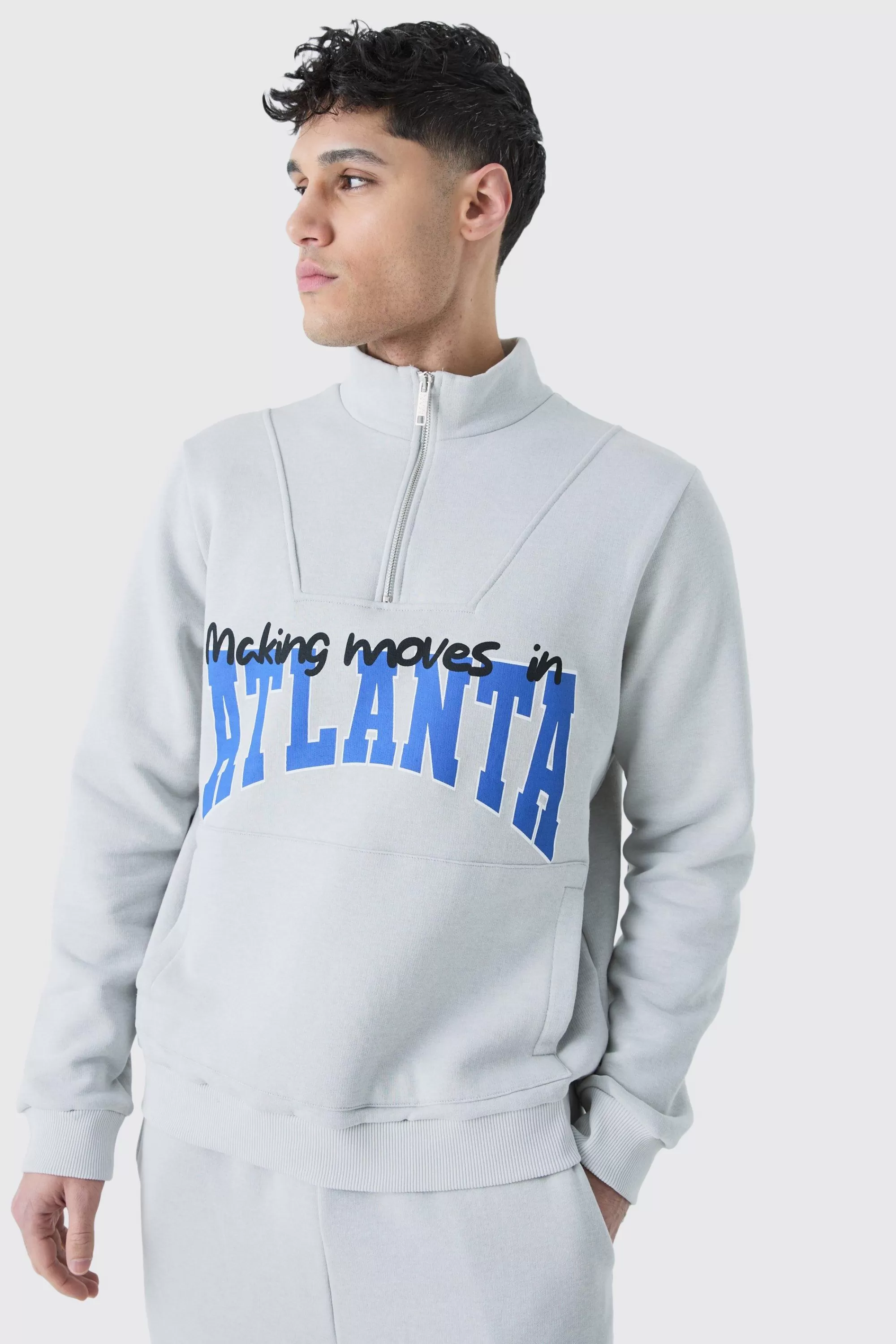 boohooMAN Atlanta Varsity 1/4 Zip Sweatshirt | UK