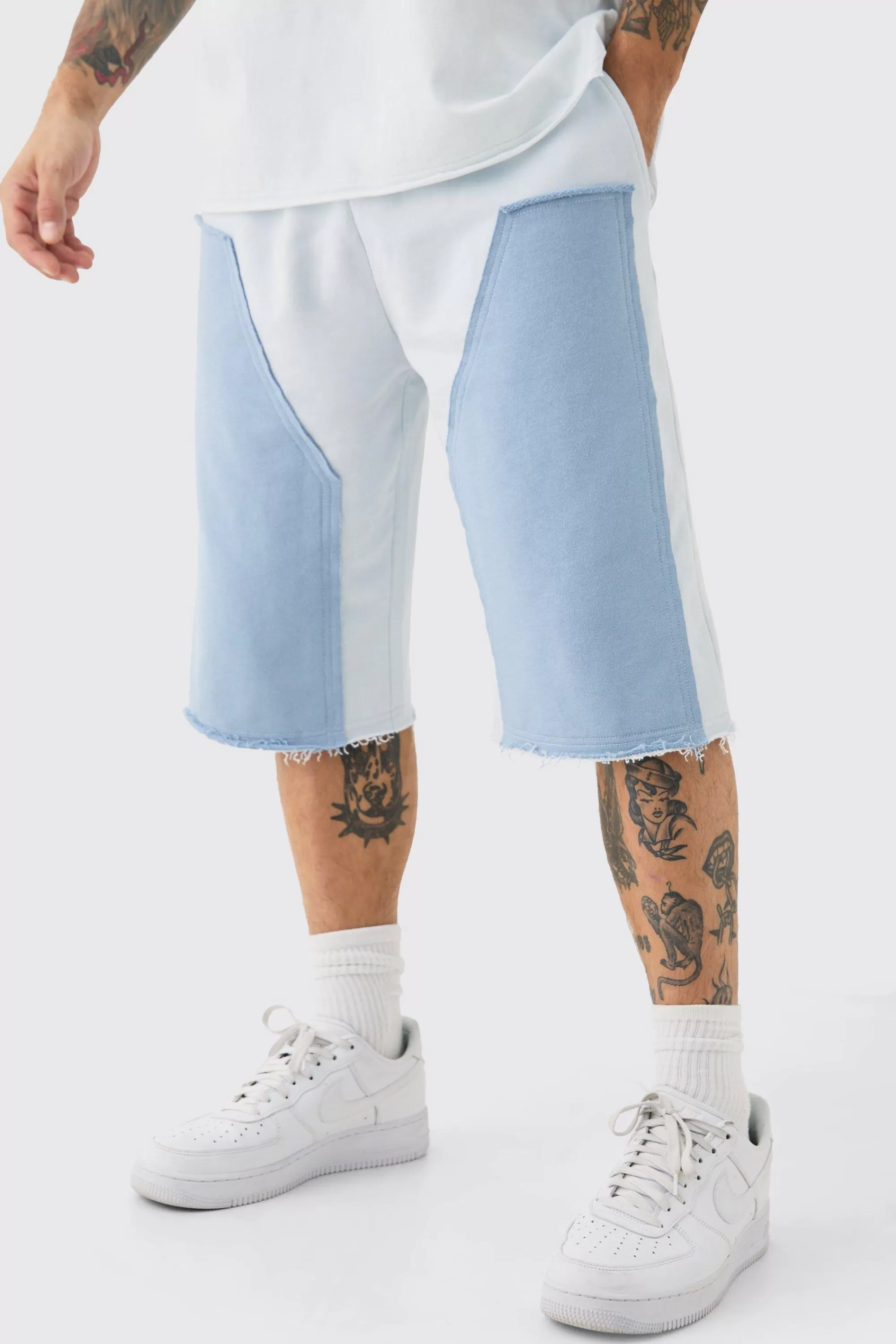 boohooMAN Baggy Carpenter Panel Frayed Edge Applique Jorts | UK