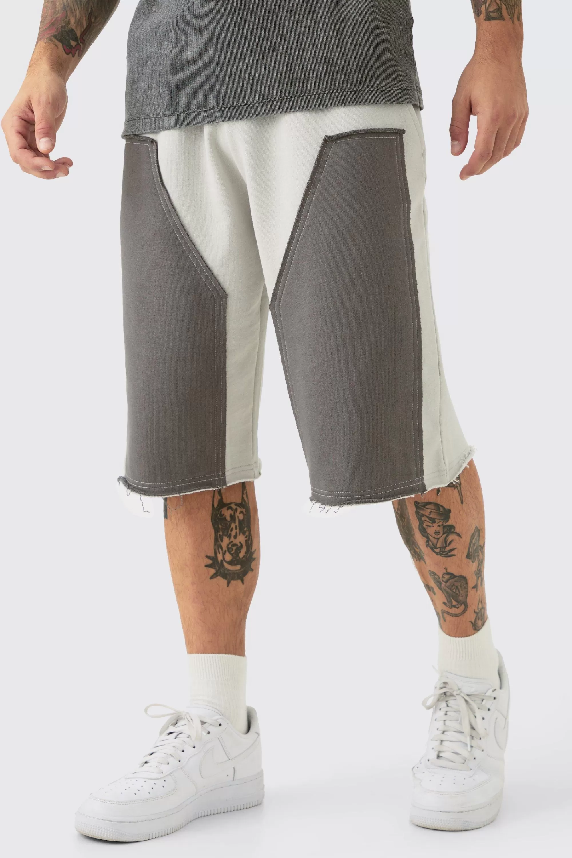 boohooMAN Baggy Carpenter Panel Frayed Edge Applique Jorts | UK