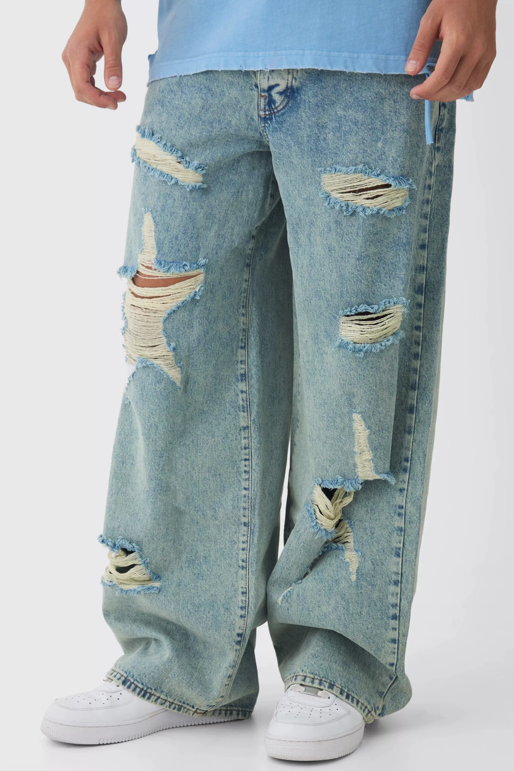 boohooMAN Baggy Fit Rigid Star Ripped Jeans | UK