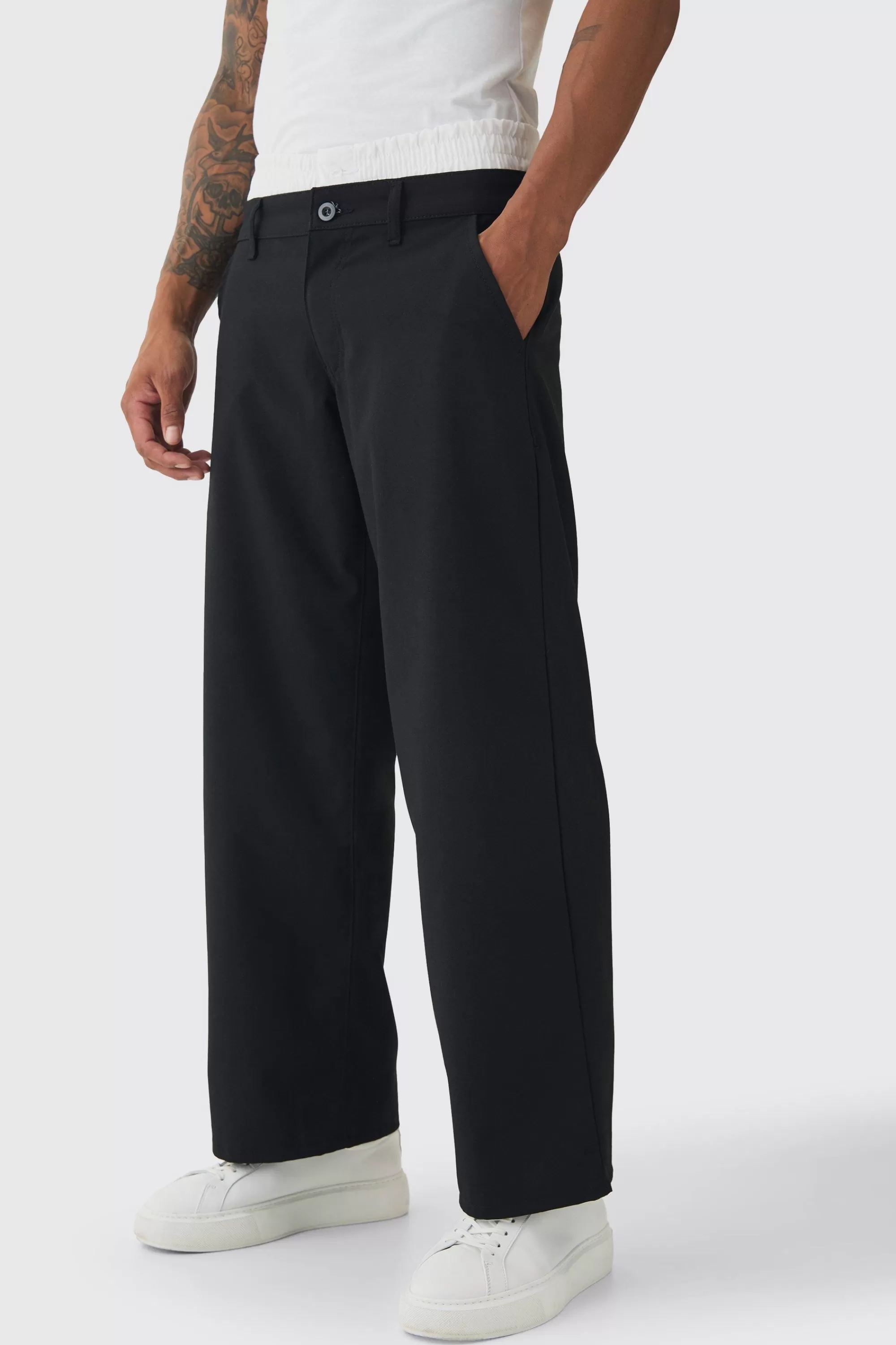 boohooMAN Baggy Fit Trouser With Boxer Double Waistband | UK