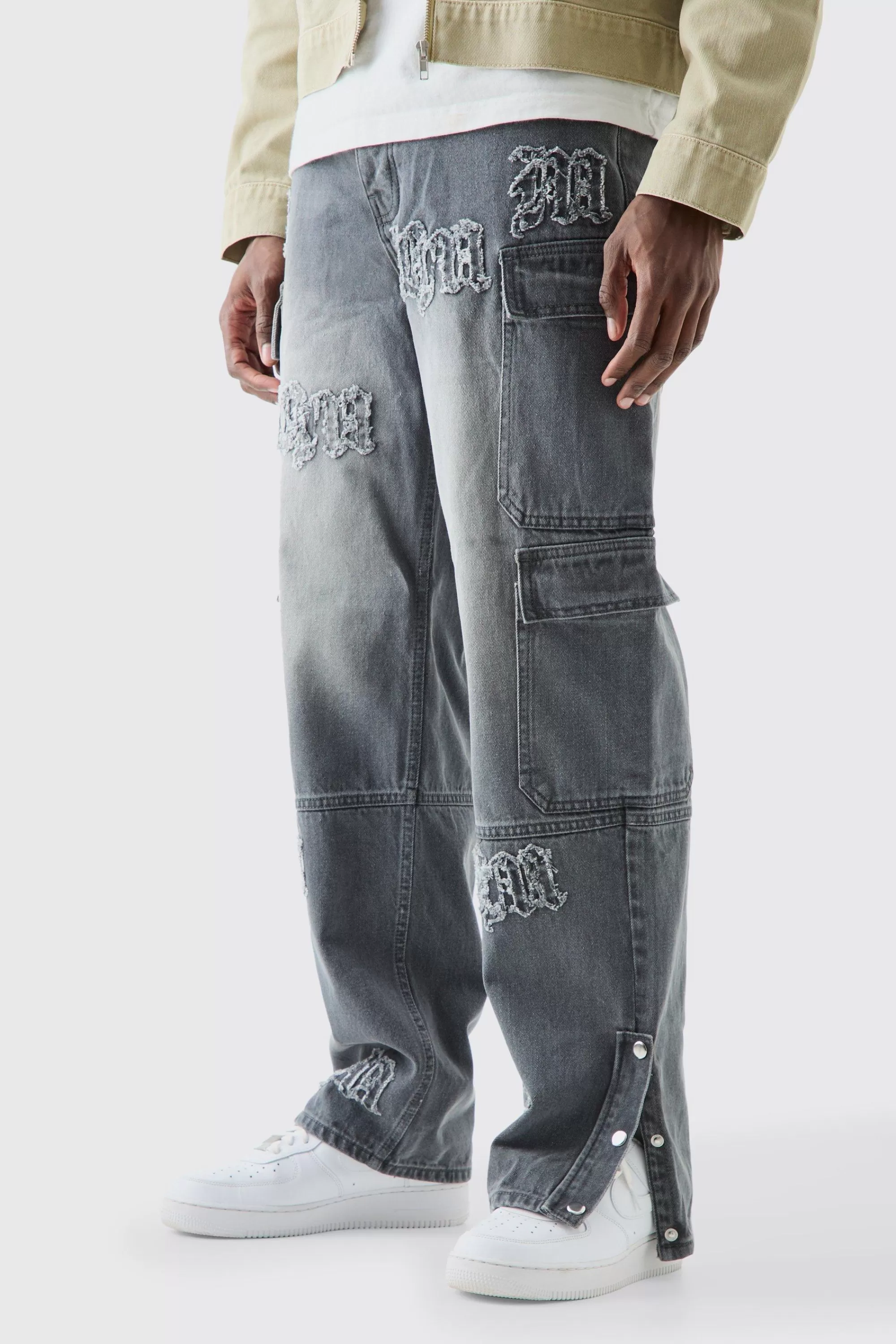 boohooMAN Baggy Rigid Bm Applique Multi Pocket Cargo Jeans In | UK