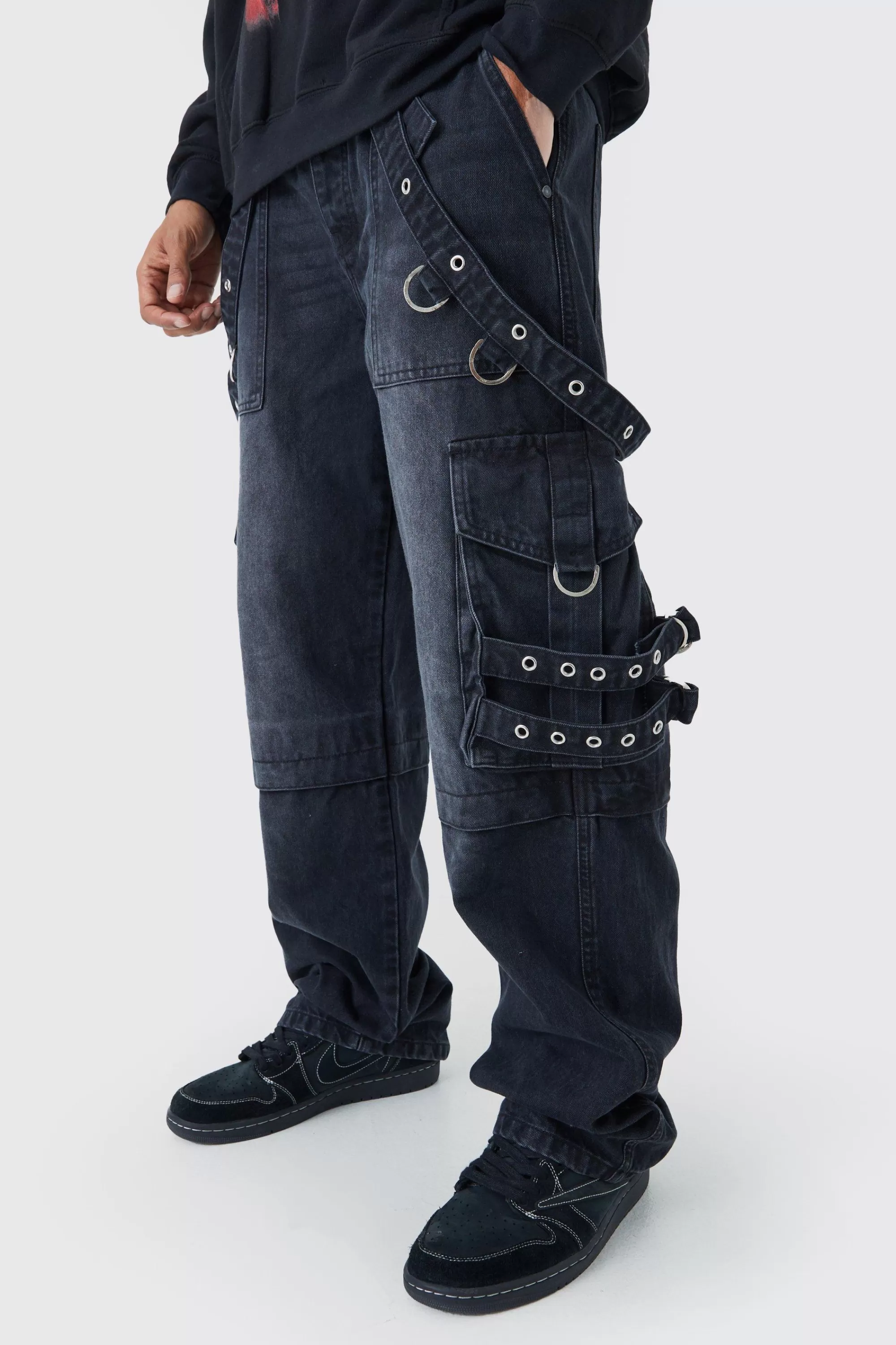 boohooMAN Baggy Rigid Cargo Strap Jeans In | UK