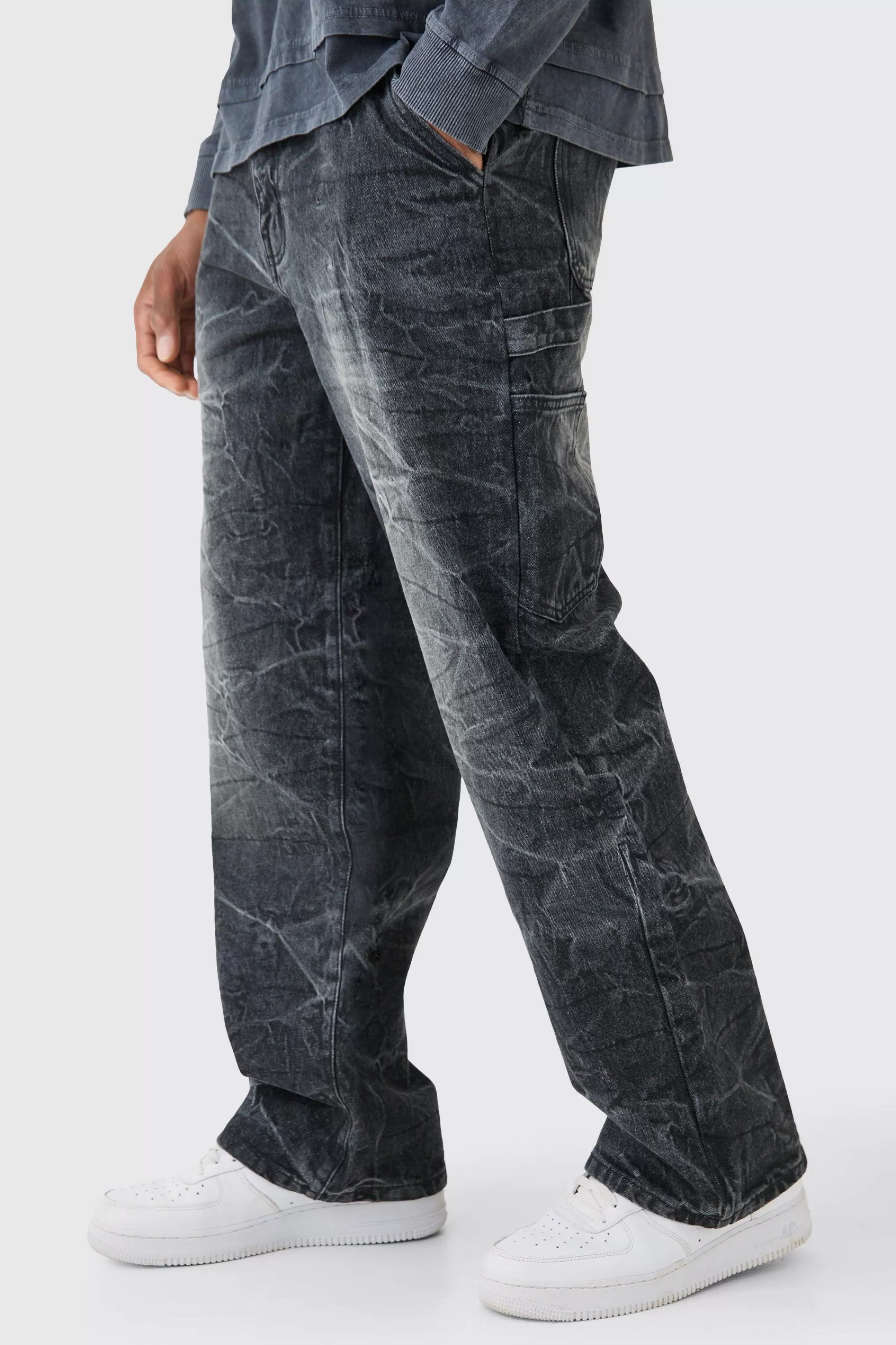 boohooMAN Baggy Rigid Carpenter Crinkle Denim Jeans In | UK