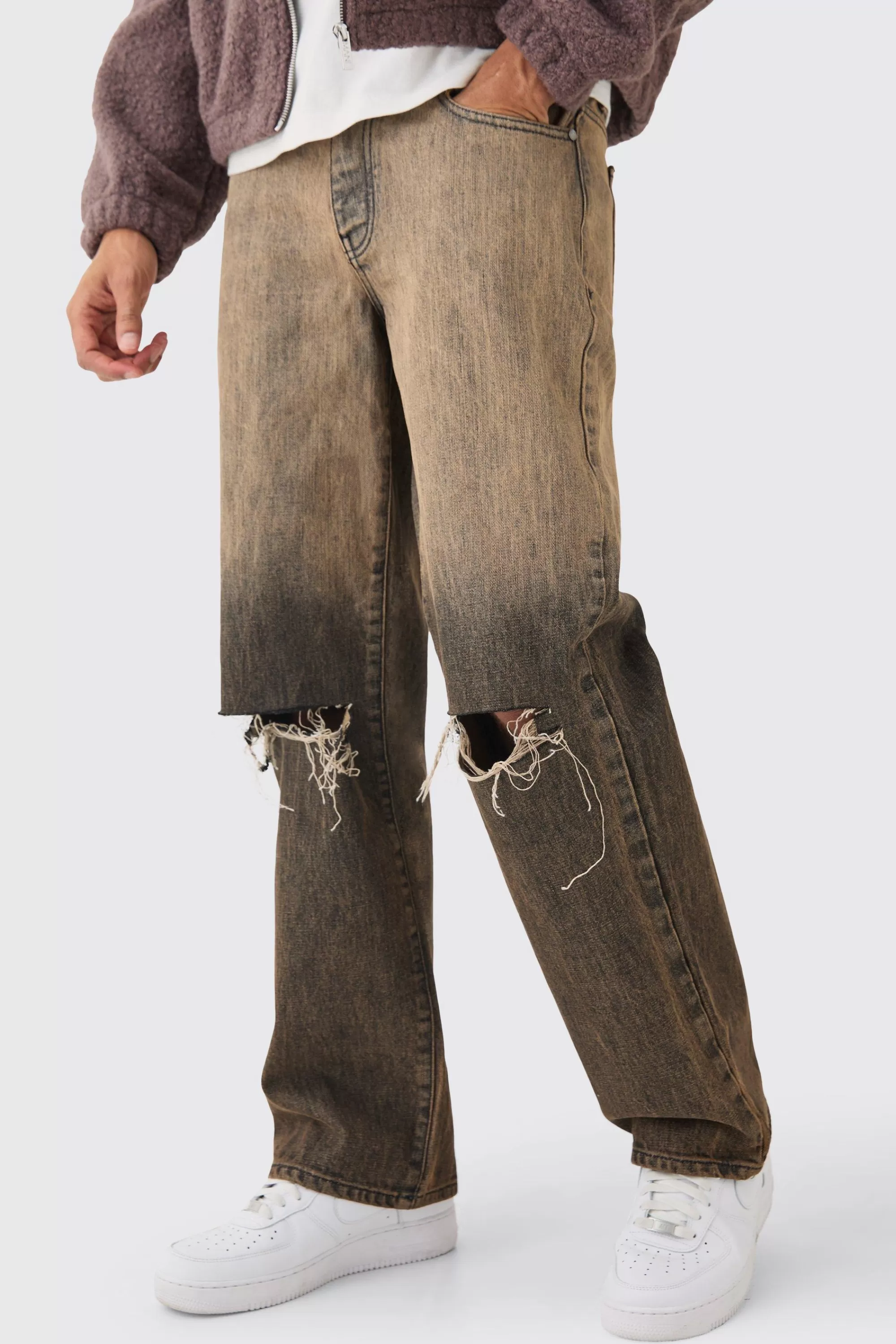 boohooMAN Baggy Rigid Ripped Knee Jeans In | UK