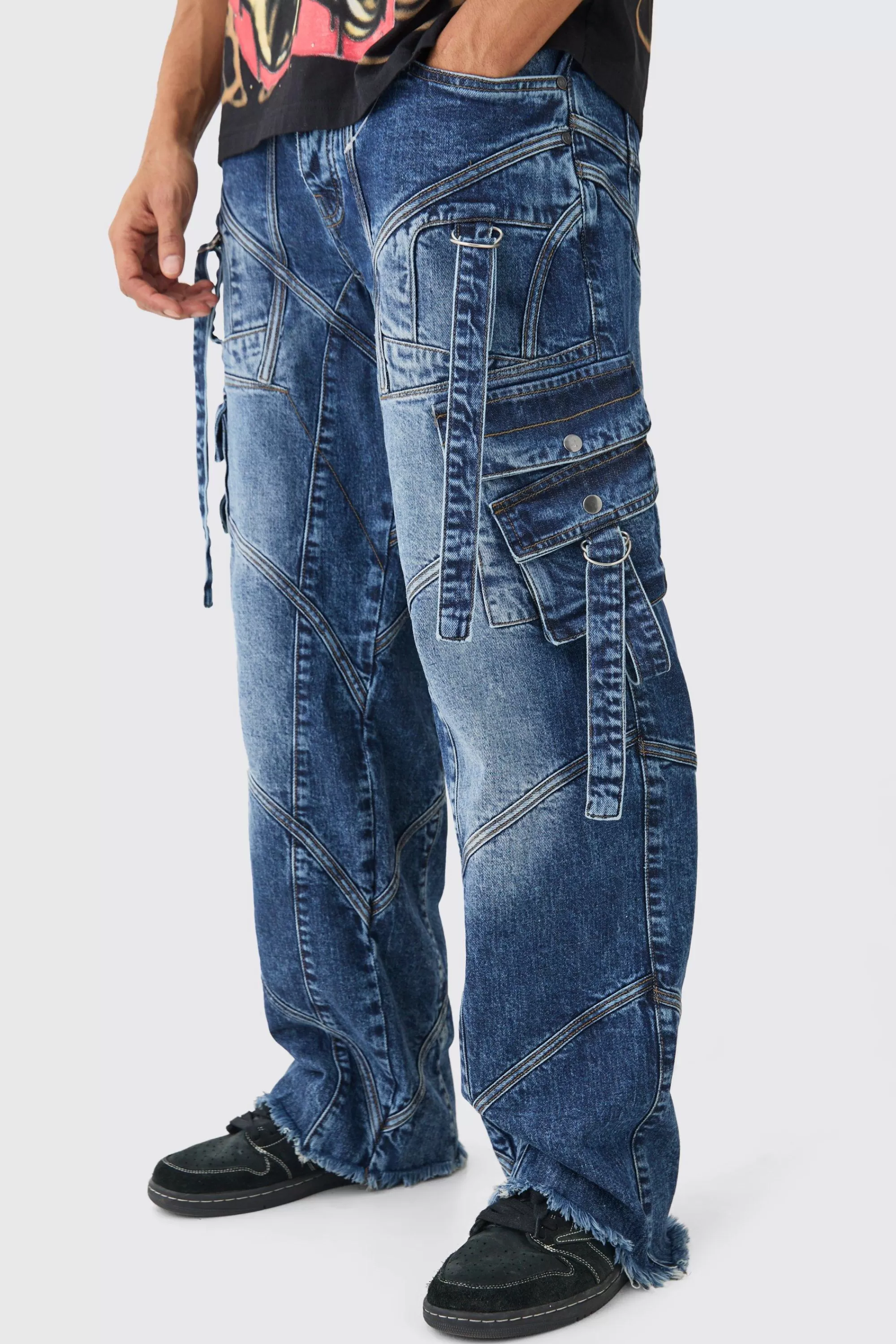 boohooMAN Baggy Rigid Strap And Buckle Detail Jeans In | UK