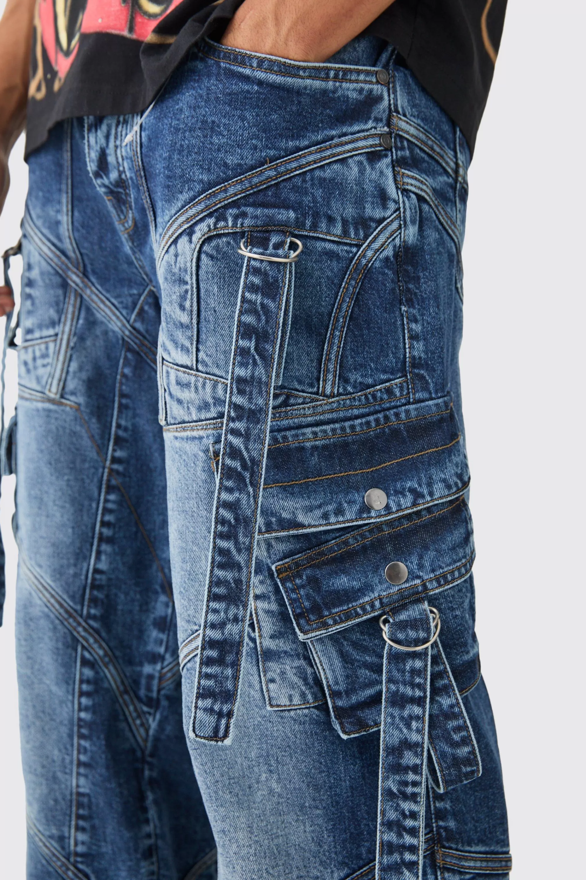 boohooMAN Baggy Rigid Strap And Buckle Detail Jeans In | UK