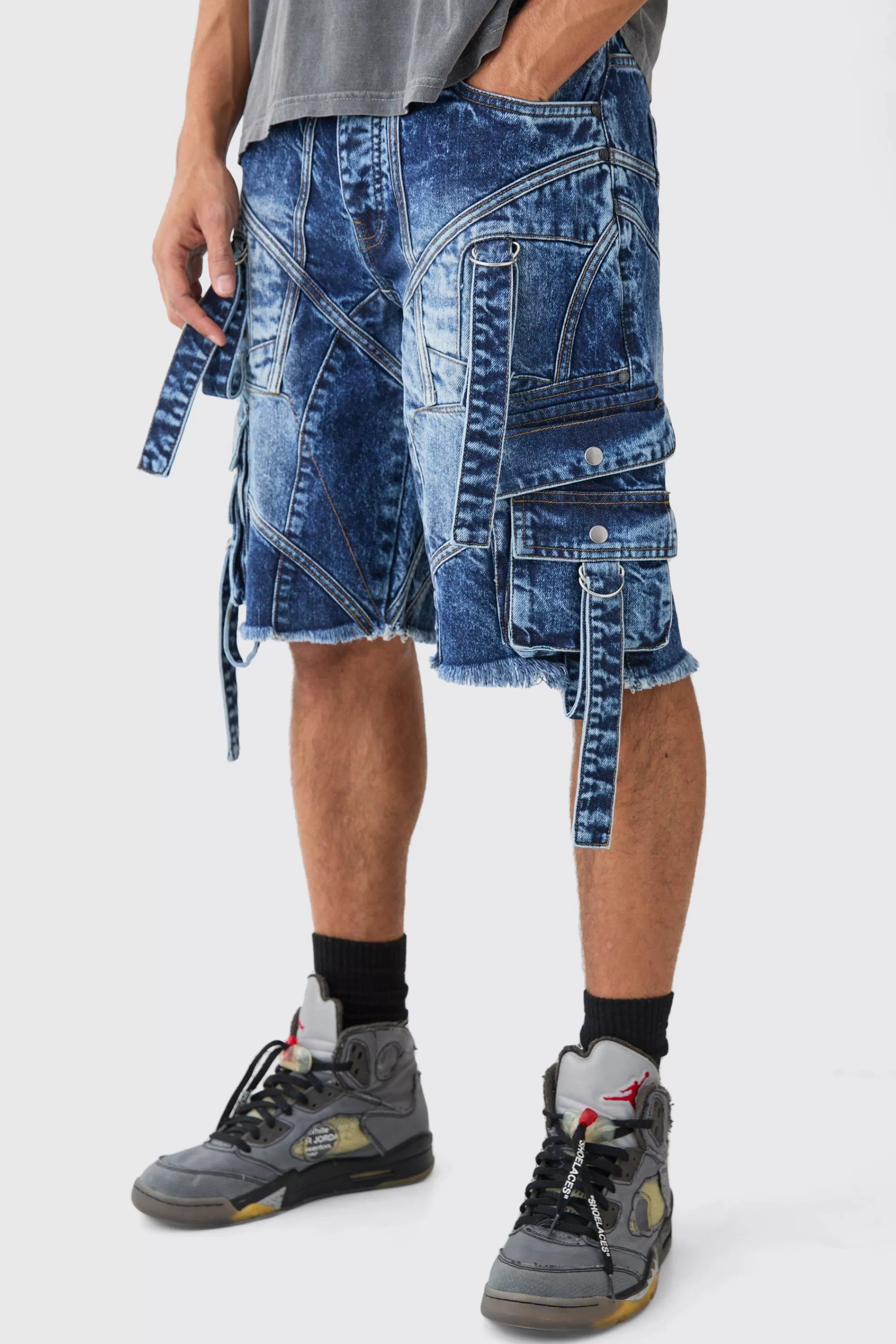boohooMAN Baggy Rigid Strap And Buckle Detail Jort In | UK