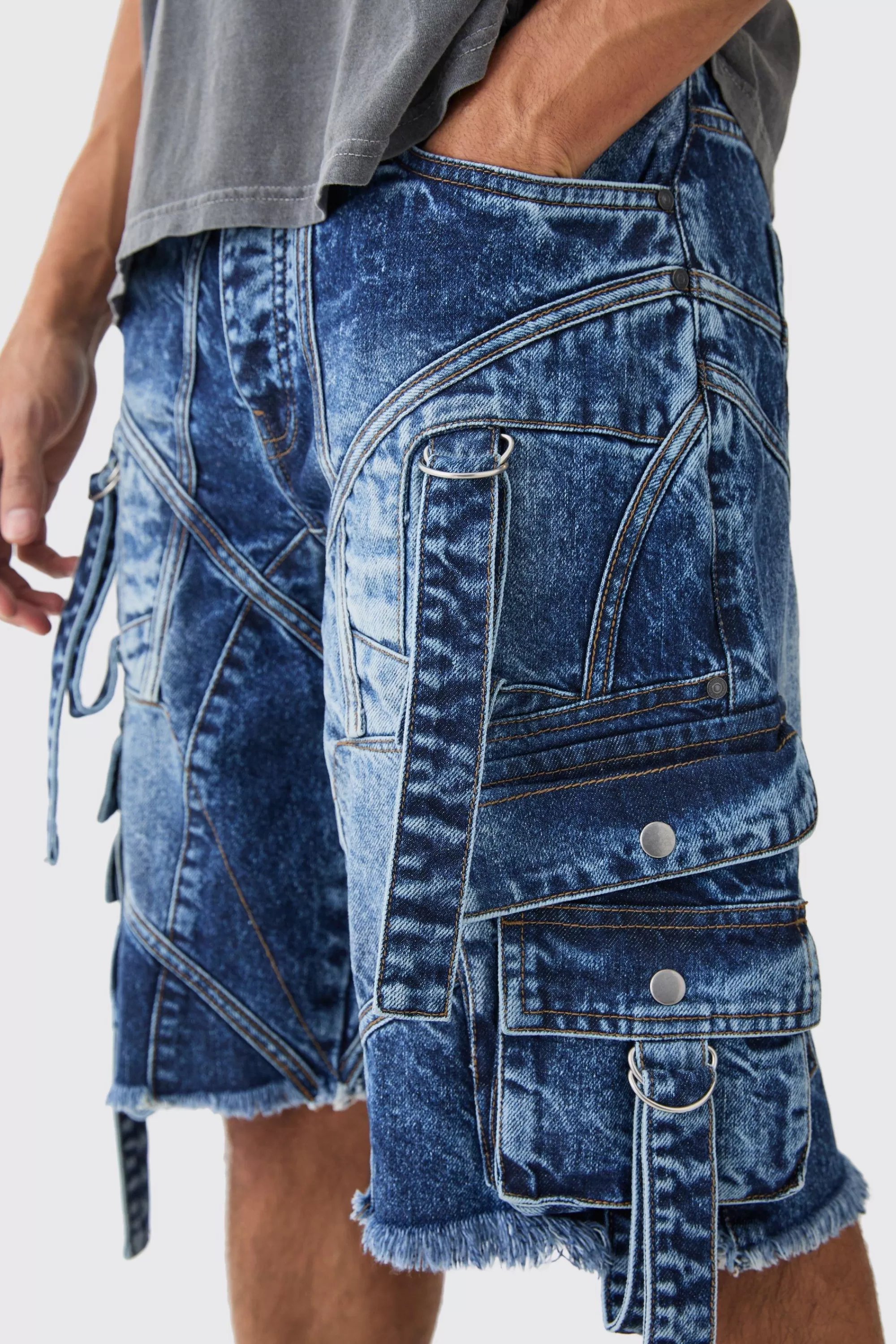 boohooMAN Baggy Rigid Strap And Buckle Detail Jort In | UK