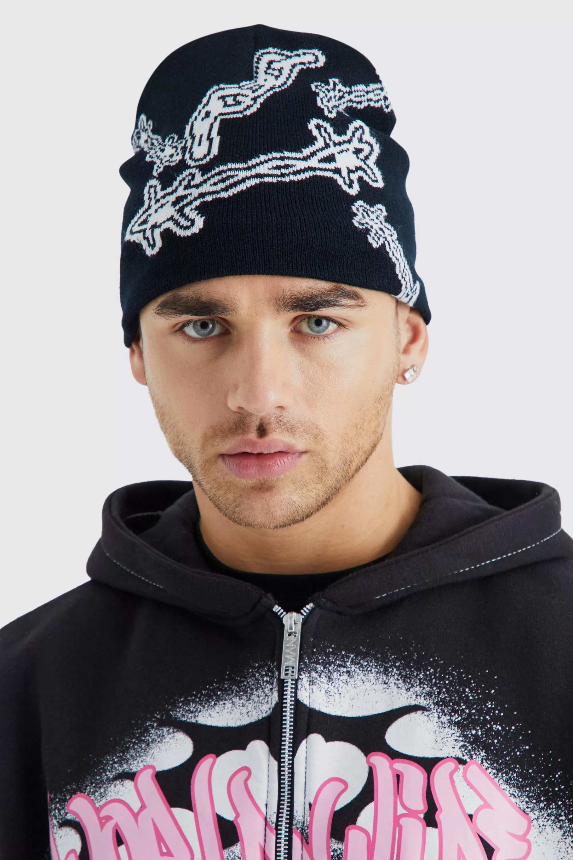 boohooMAN Barbed Wire Jacquard Beanie | UK