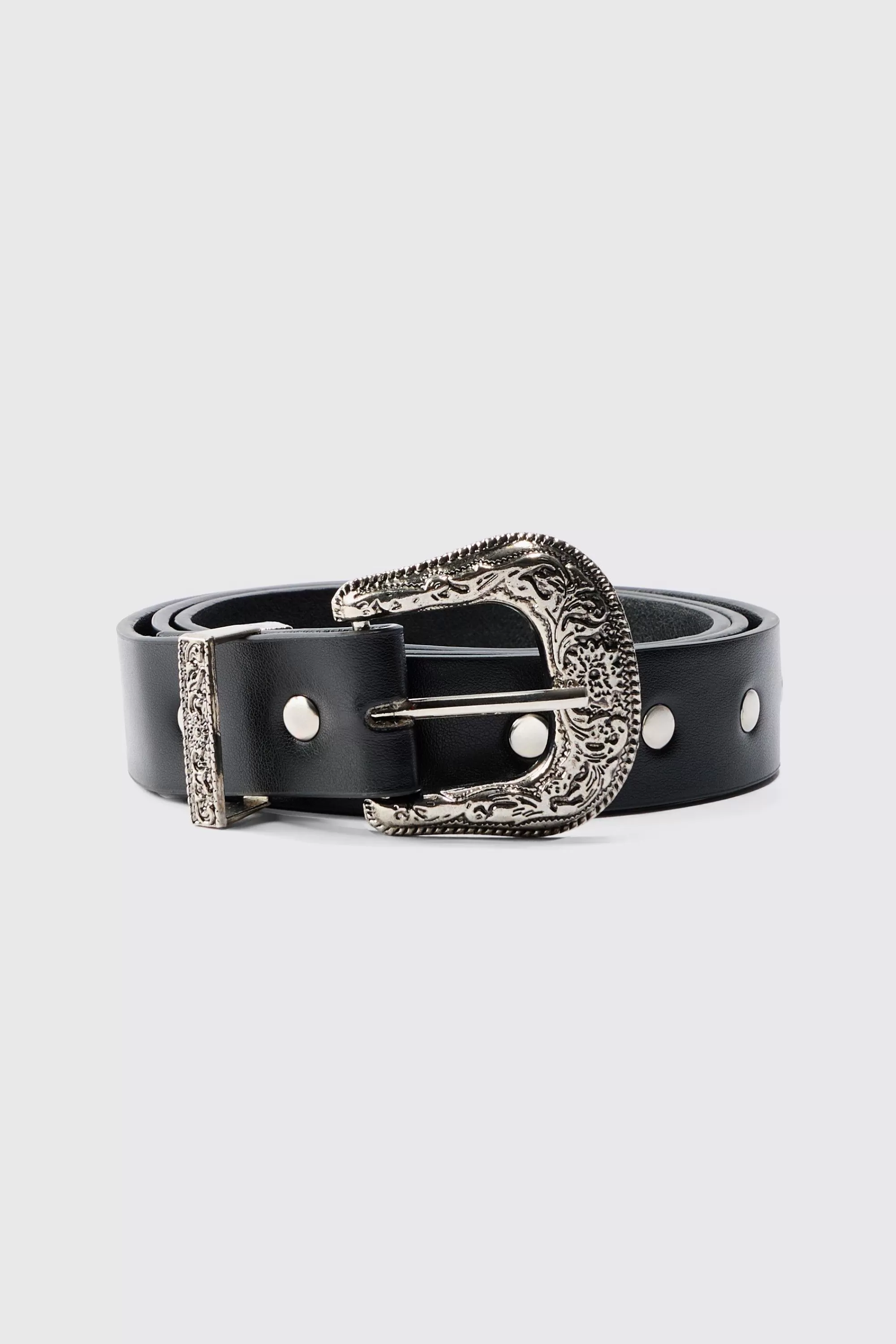 boohooMAN Black Western Studded Buckle Belt | UK