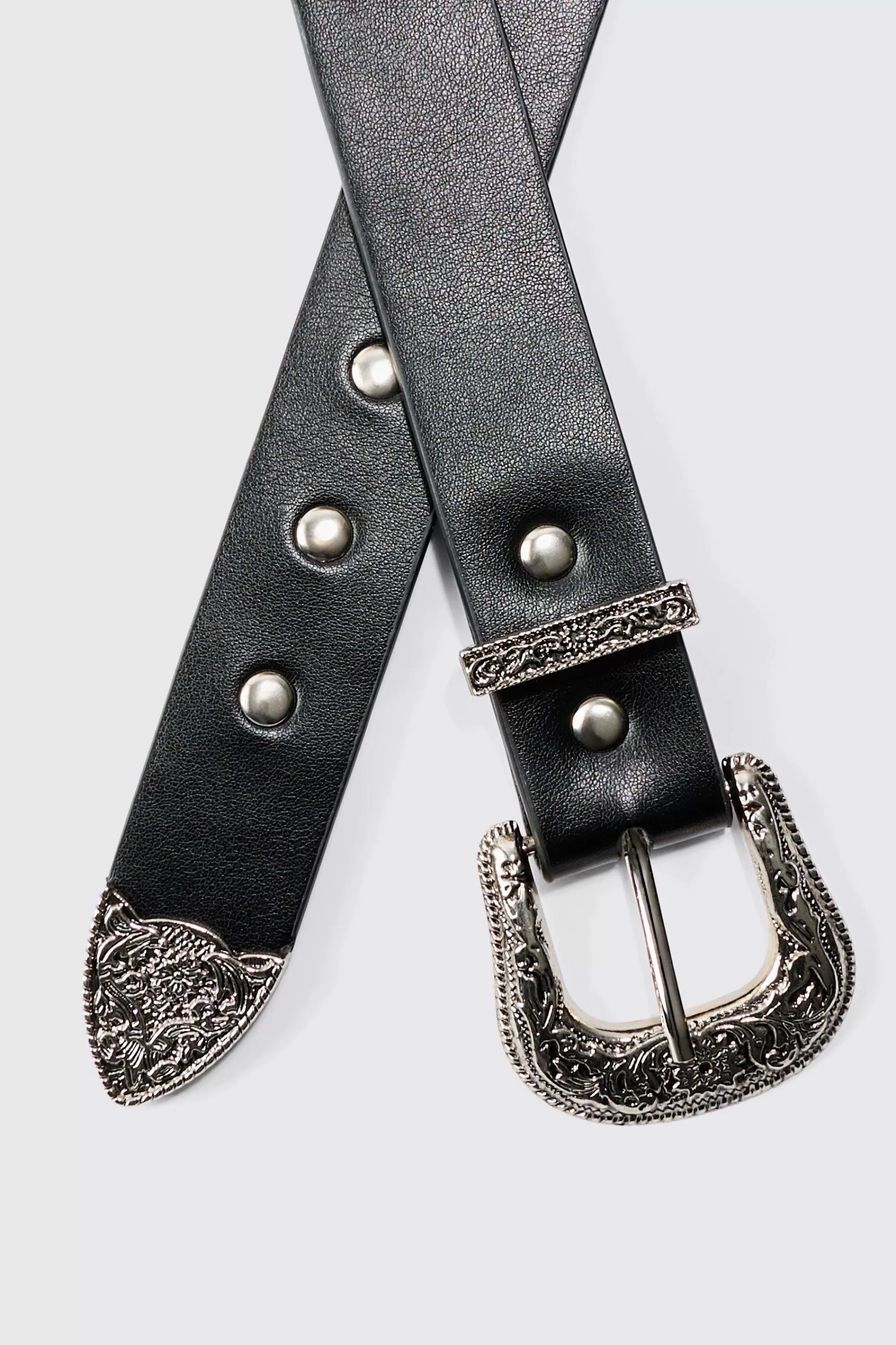 boohooMAN Black Western Studded Buckle Belt | UK