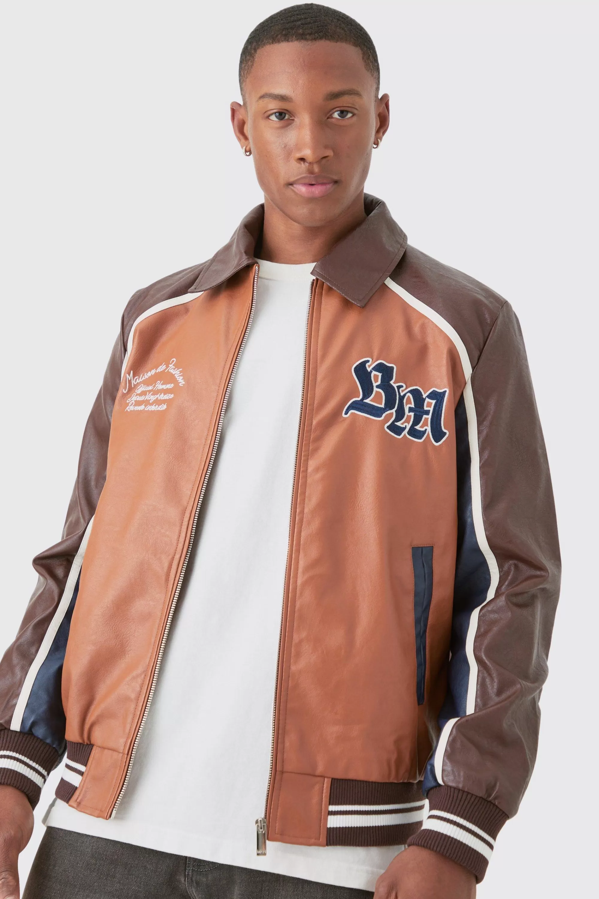 boohooMAN Bm Badge Collared Pu Varsity Jacket In | UK