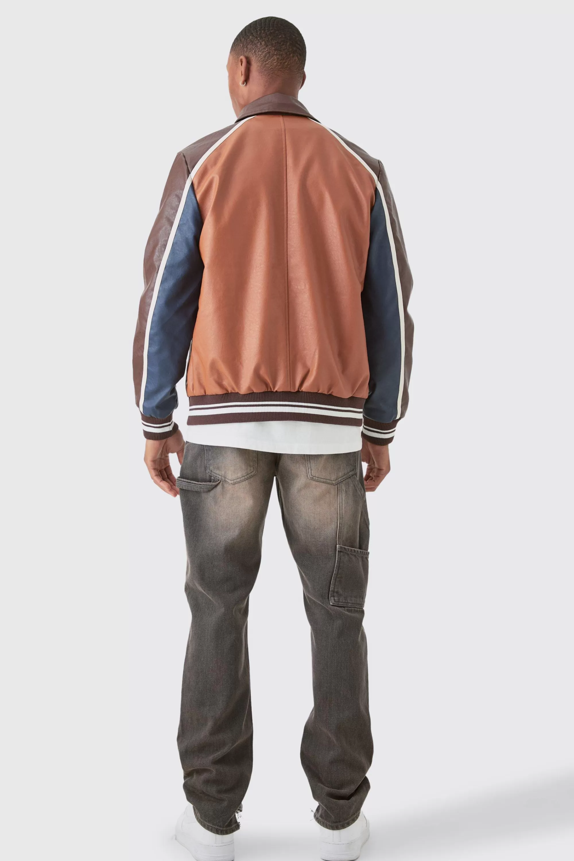 boohooMAN Bm Badge Collared Pu Varsity Jacket In | UK