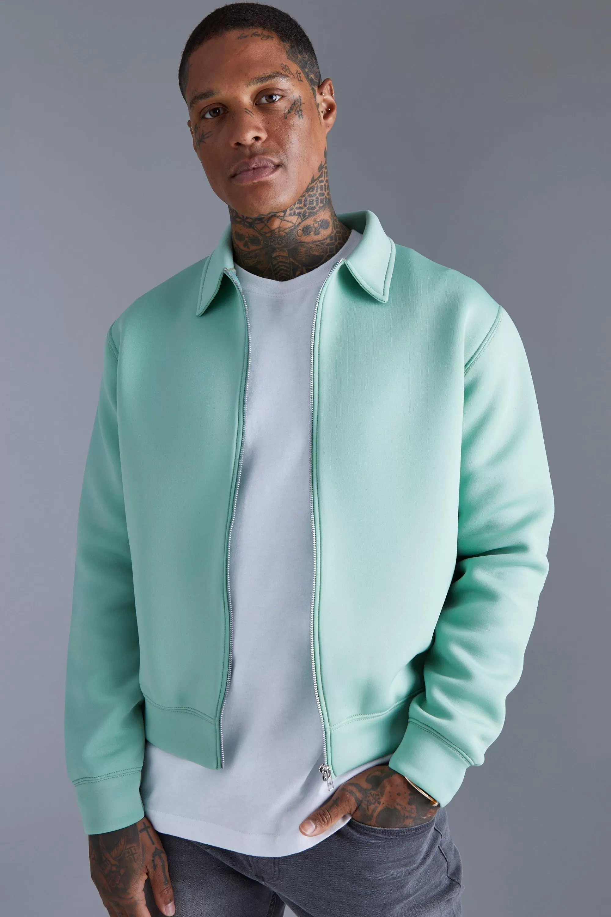 boohooMAN Bonded Scuba Boxy Harrington Jacket | UK