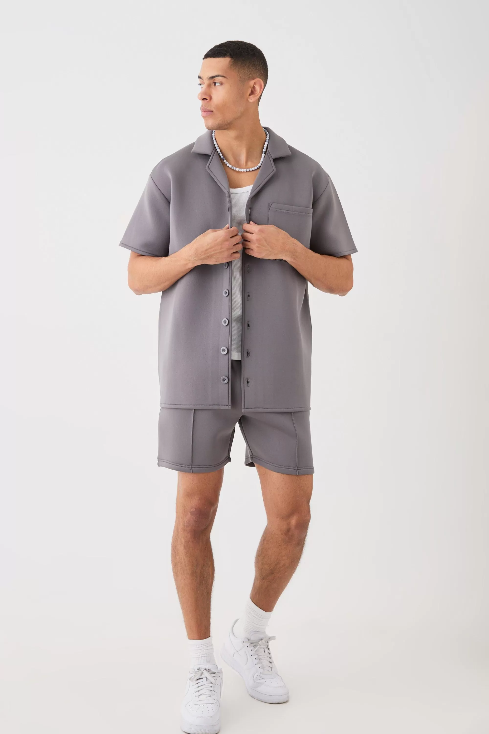boohooMAN Bonded Scuba Oversized Shirt And Short Set | UK