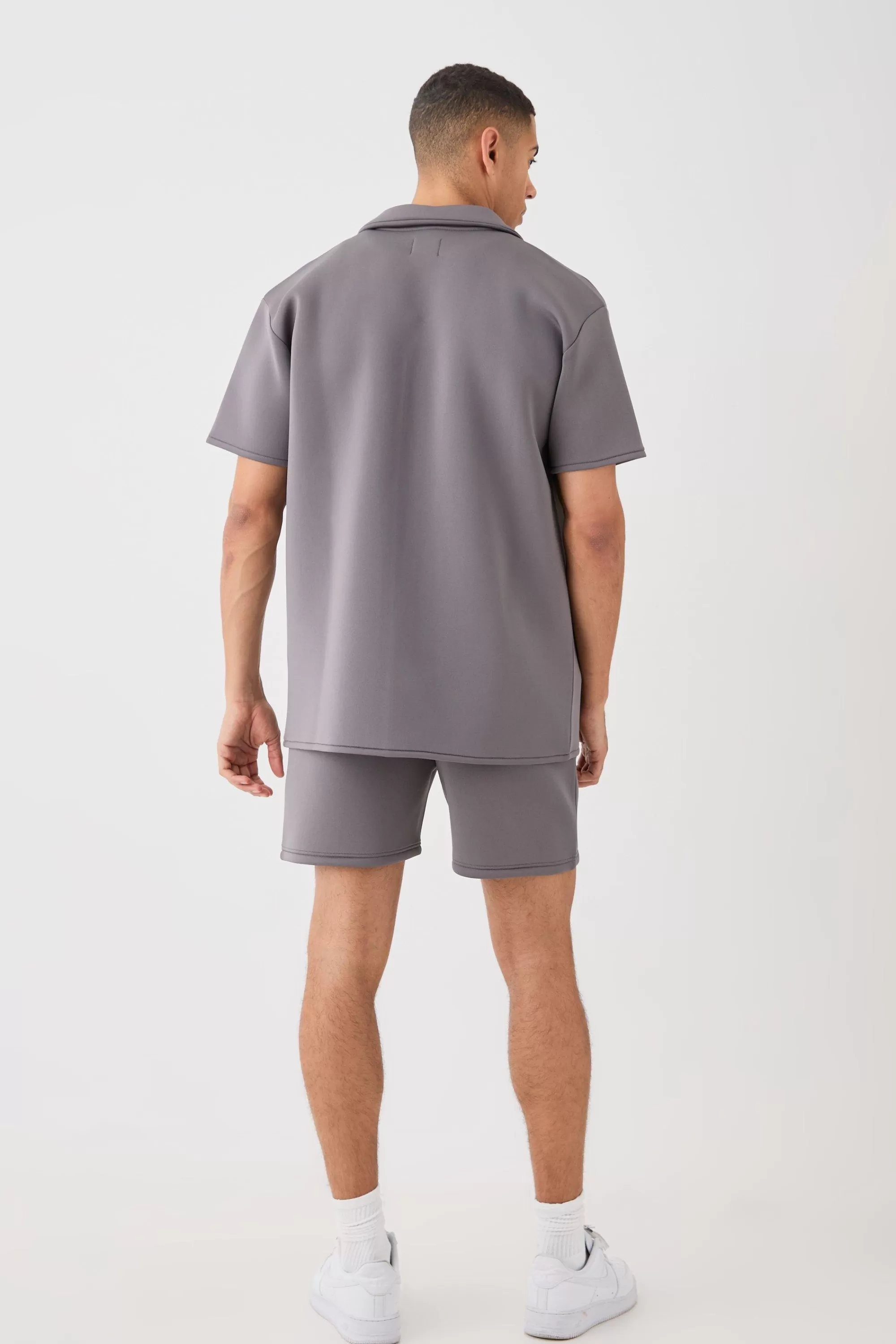boohooMAN Bonded Scuba Oversized Shirt And Short Set | UK