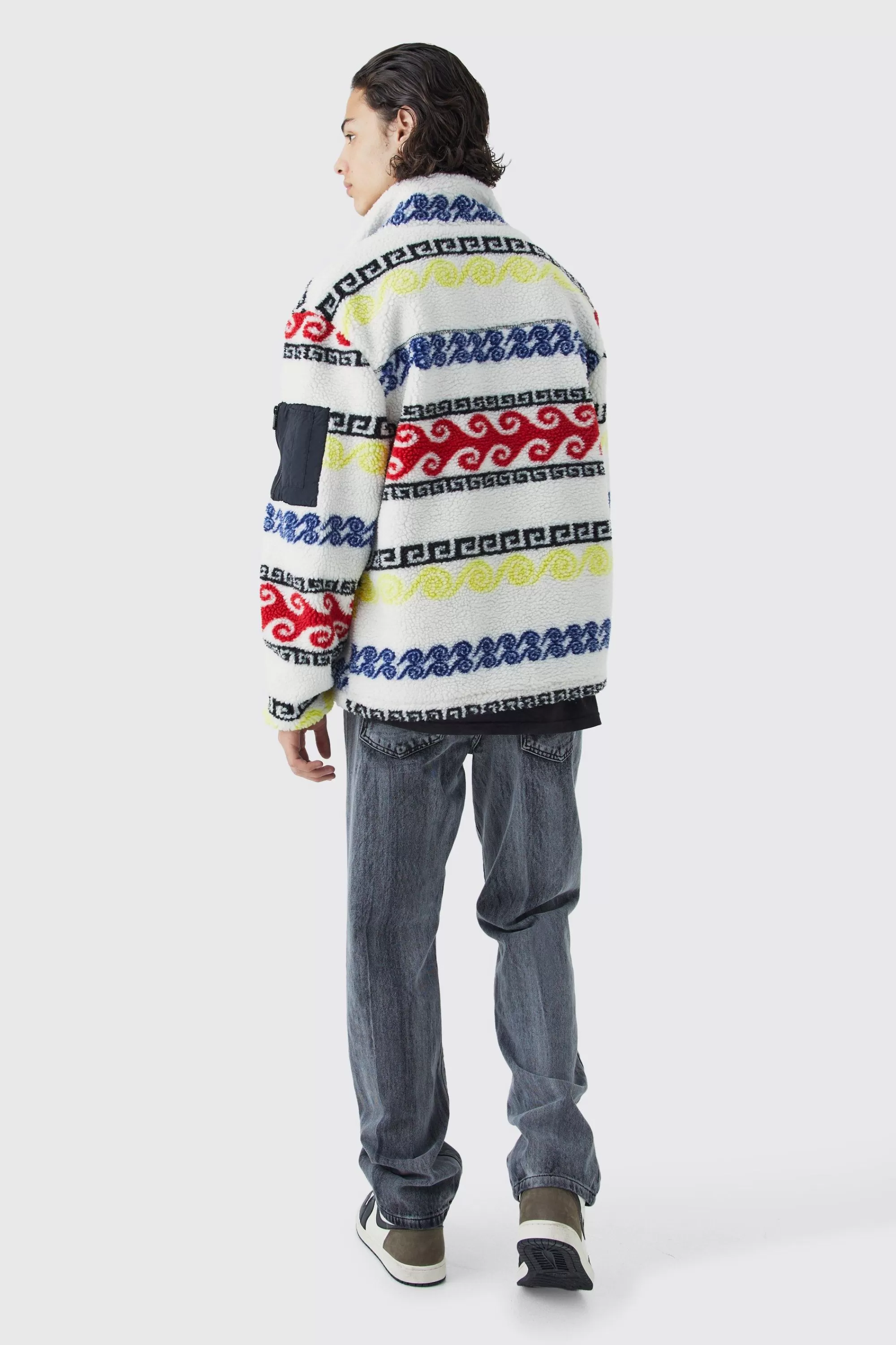 boohooMAN Borg & Nylon Mix Aztec Funnel Neck Jacket | UK