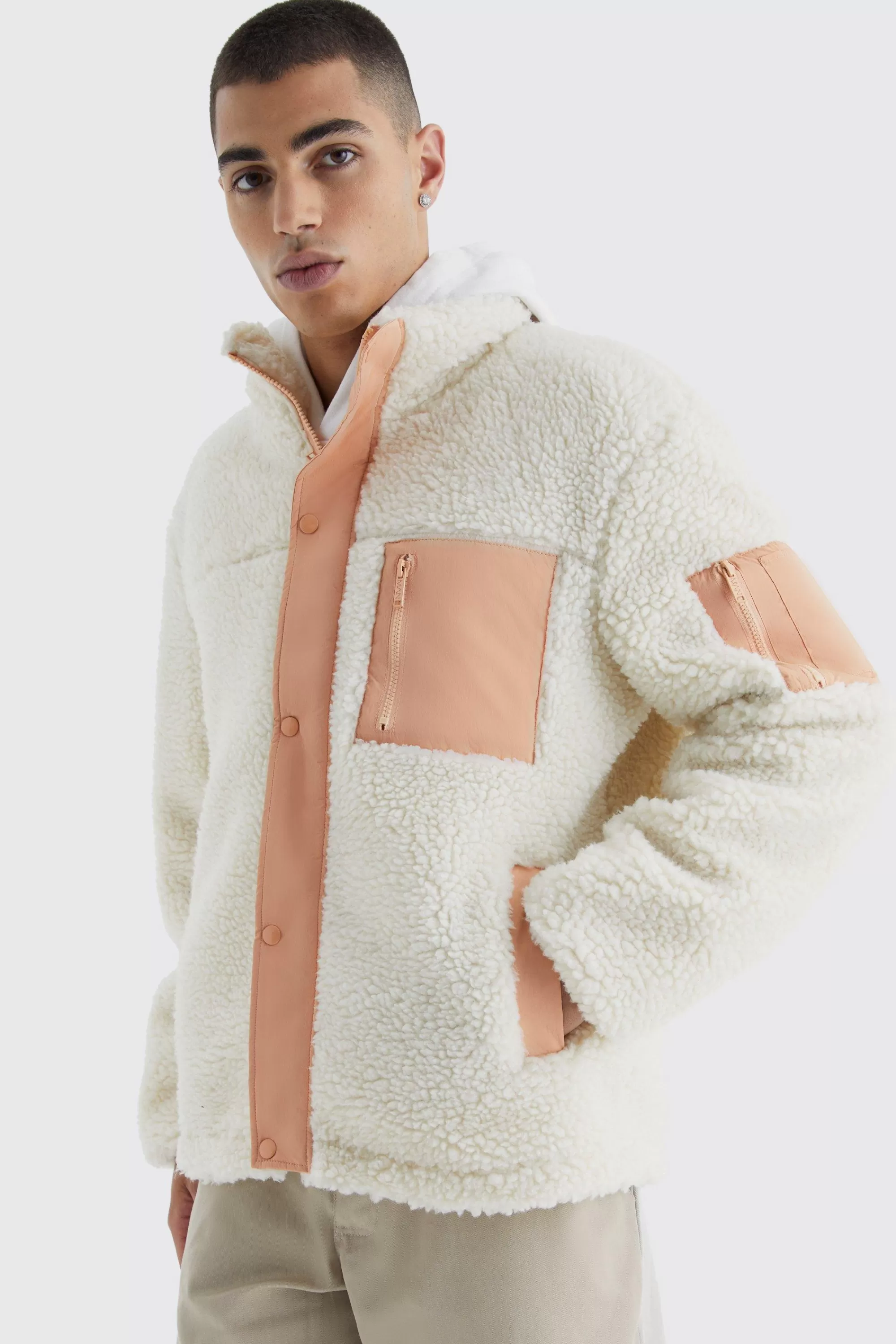 boohooMAN Borg & Nylon Mix Funnel Neck Jacket | UK