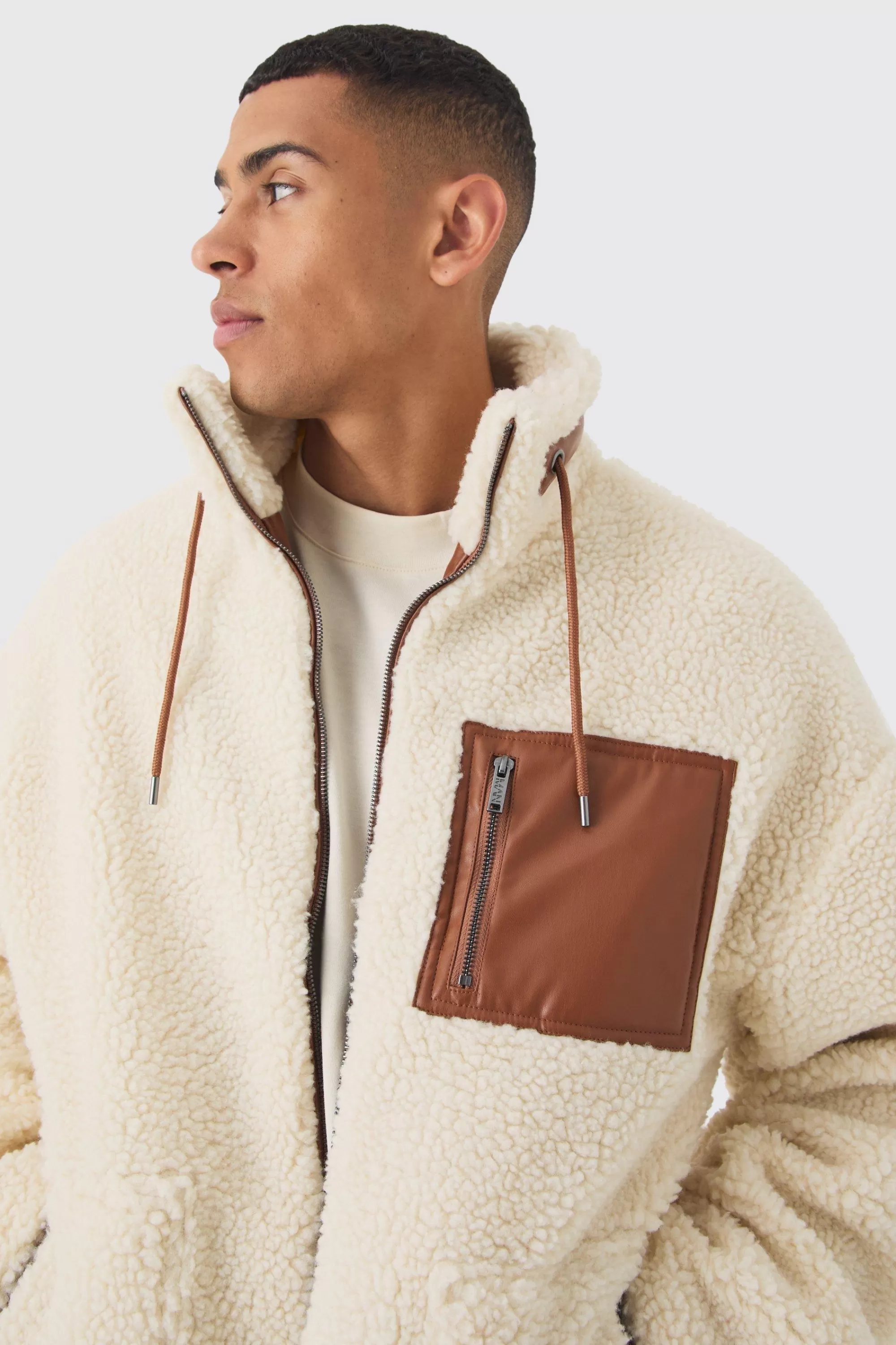 boohooMAN Borg Funnel Neck Pu Pocket Jacket In | UK