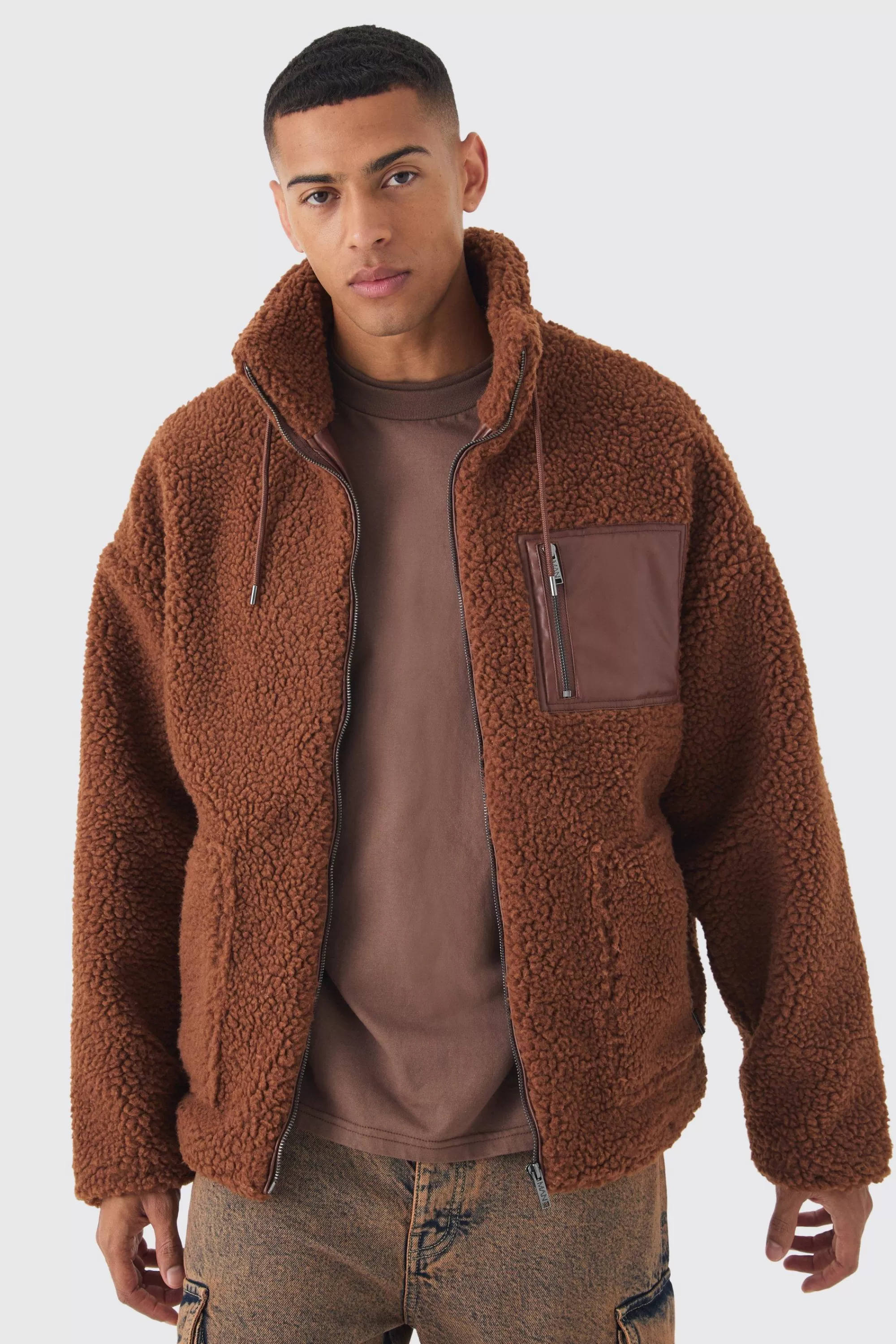 boohooMAN Borg Funnel Neck Pu Pocket Jacket In | UK