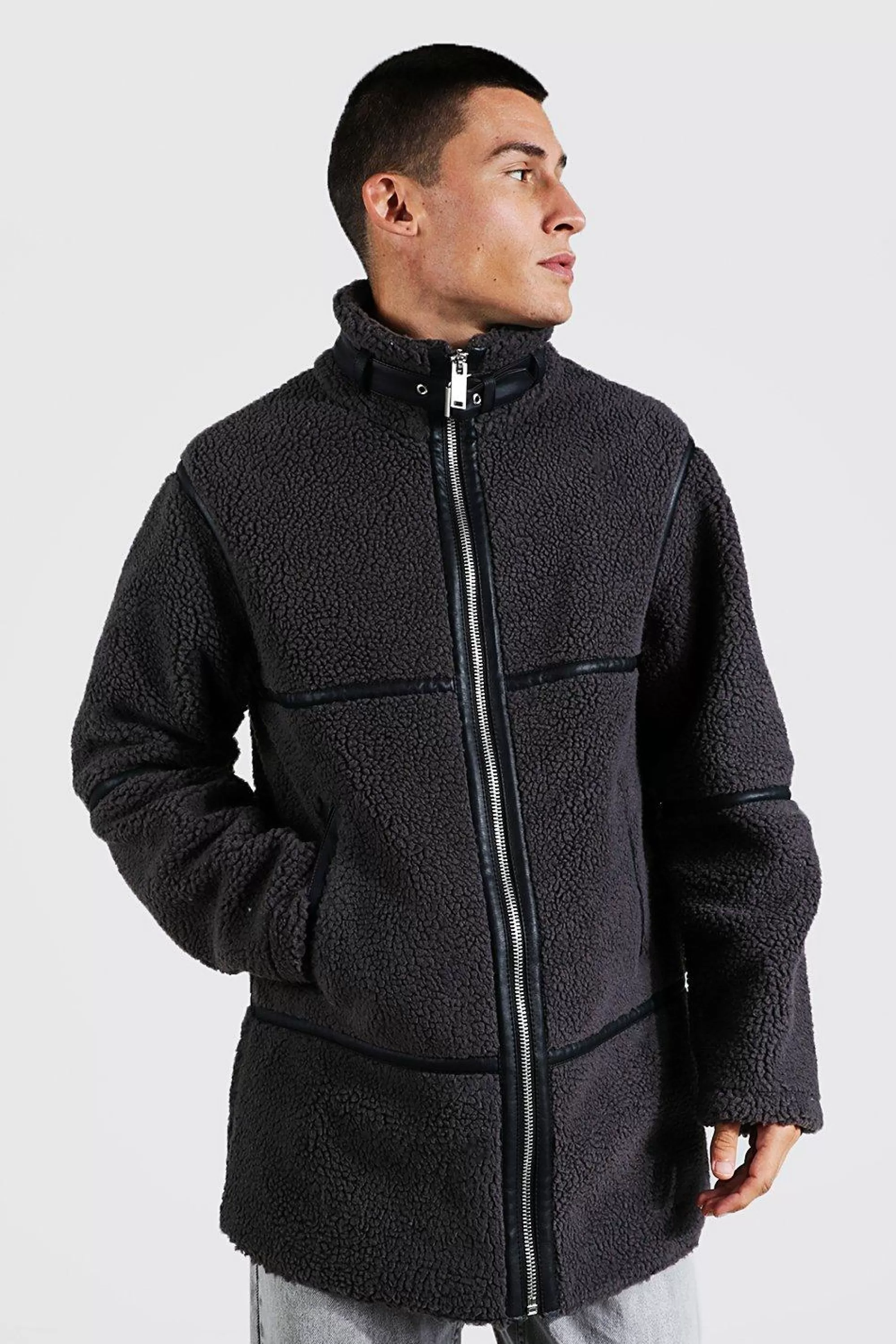 boohooMAN Borg Longline Leather Look Trim Funnel Neck | UK