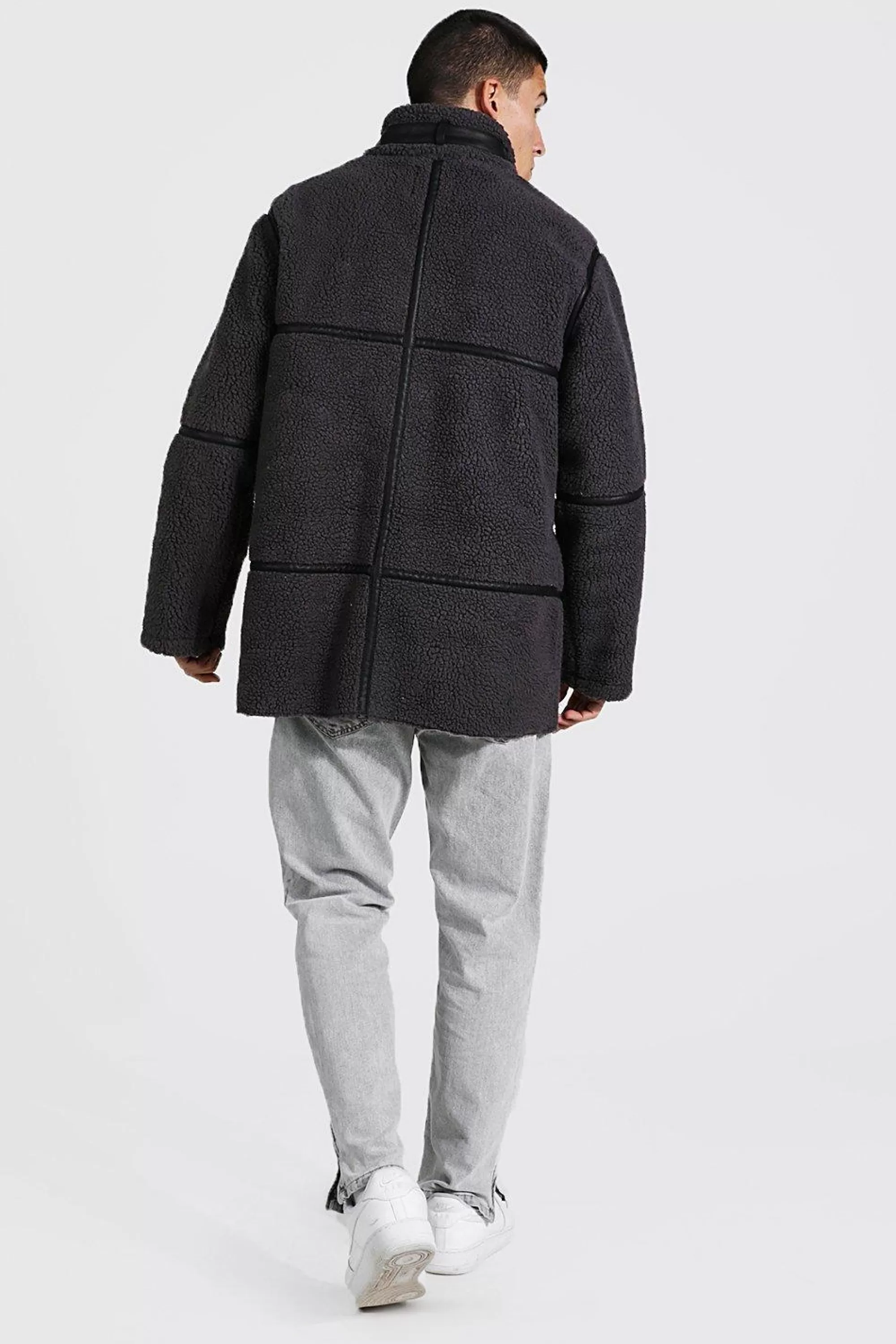 boohooMAN Borg Longline Leather Look Trim Funnel Neck | UK