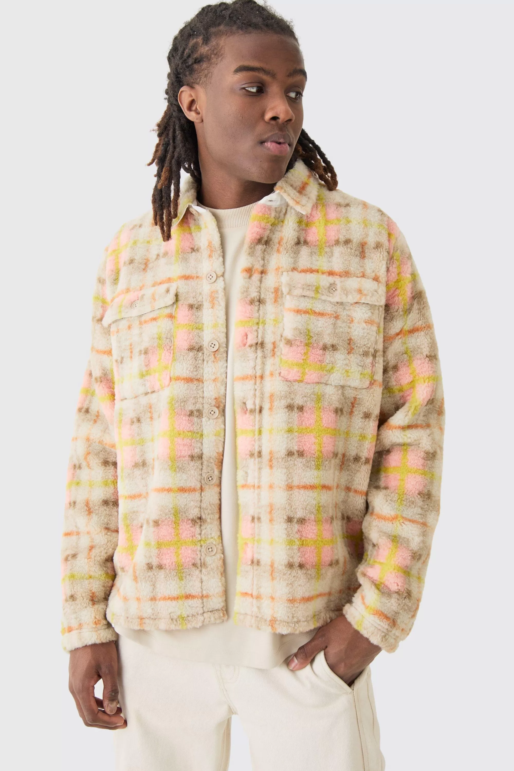 boohooMAN Borg Patch Pocket Pastel Check Overshirt | UK