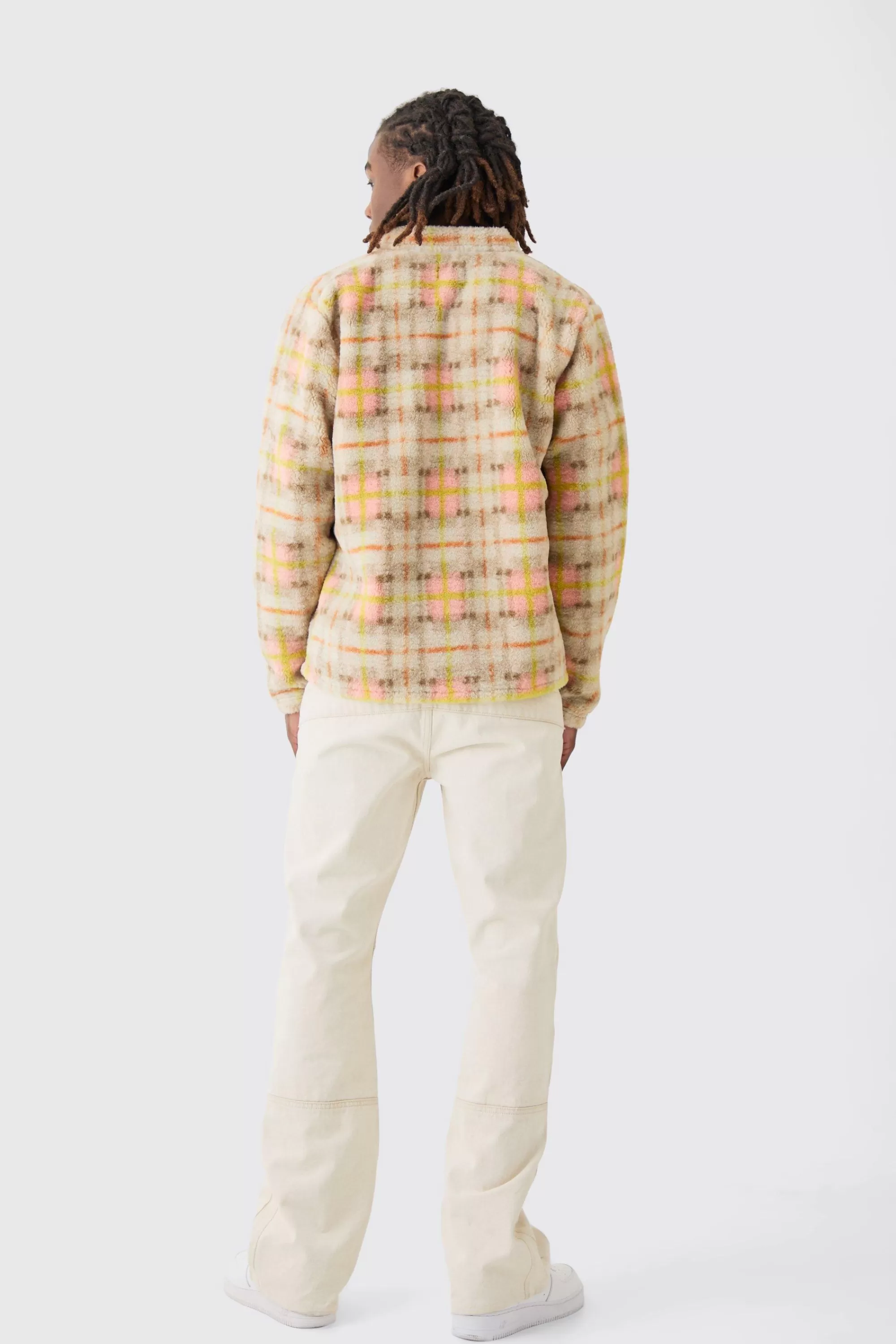 boohooMAN Borg Patch Pocket Pastel Check Overshirt | UK