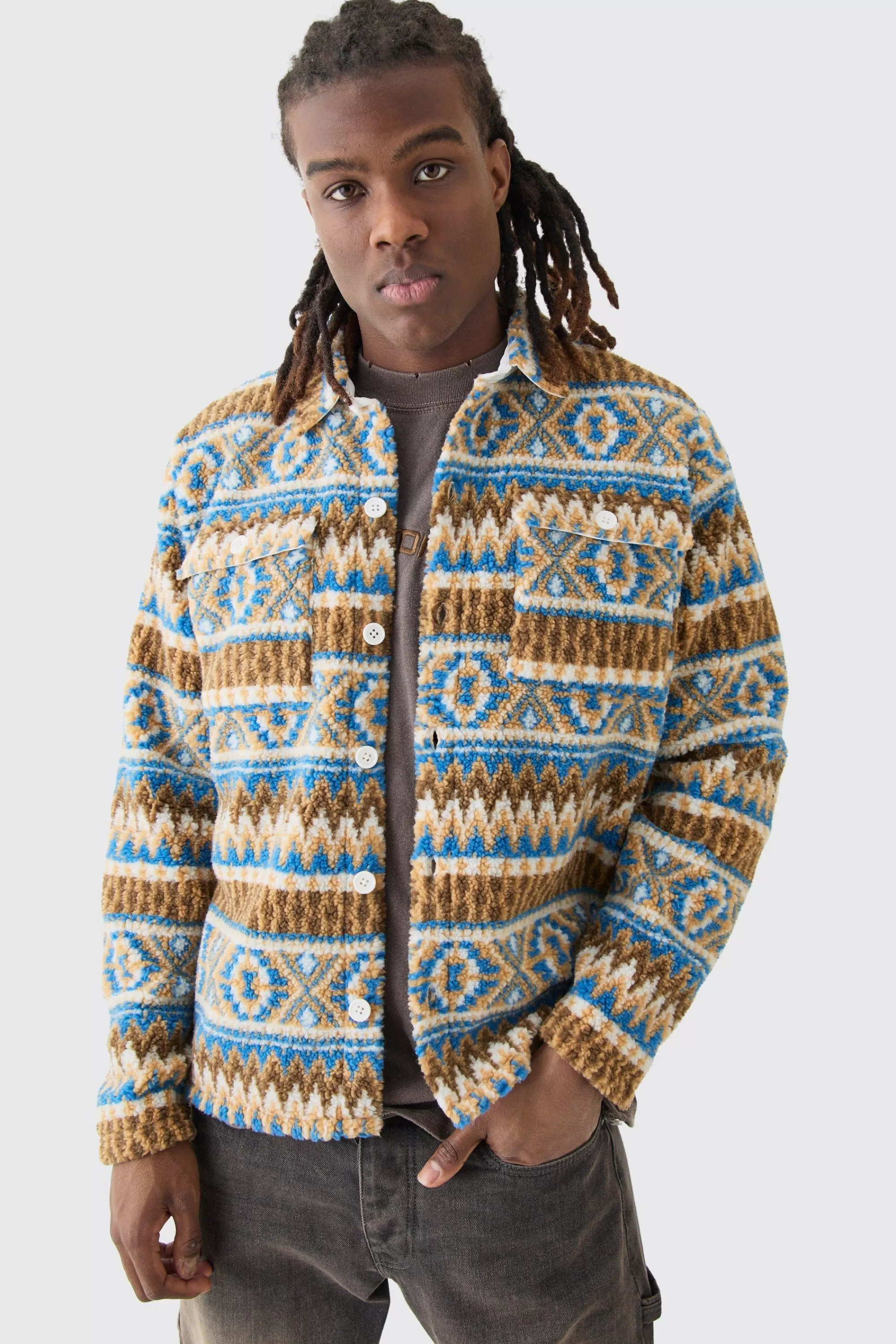 boohooMAN Borg Patch Pocket Stripe Aztec Overshirt | UK