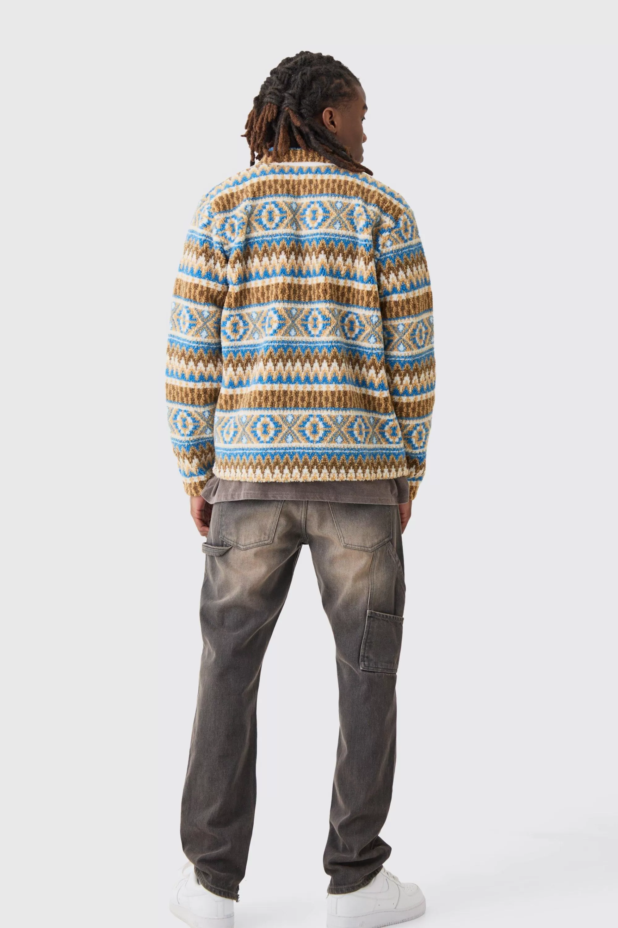 boohooMAN Borg Patch Pocket Stripe Aztec Overshirt | UK