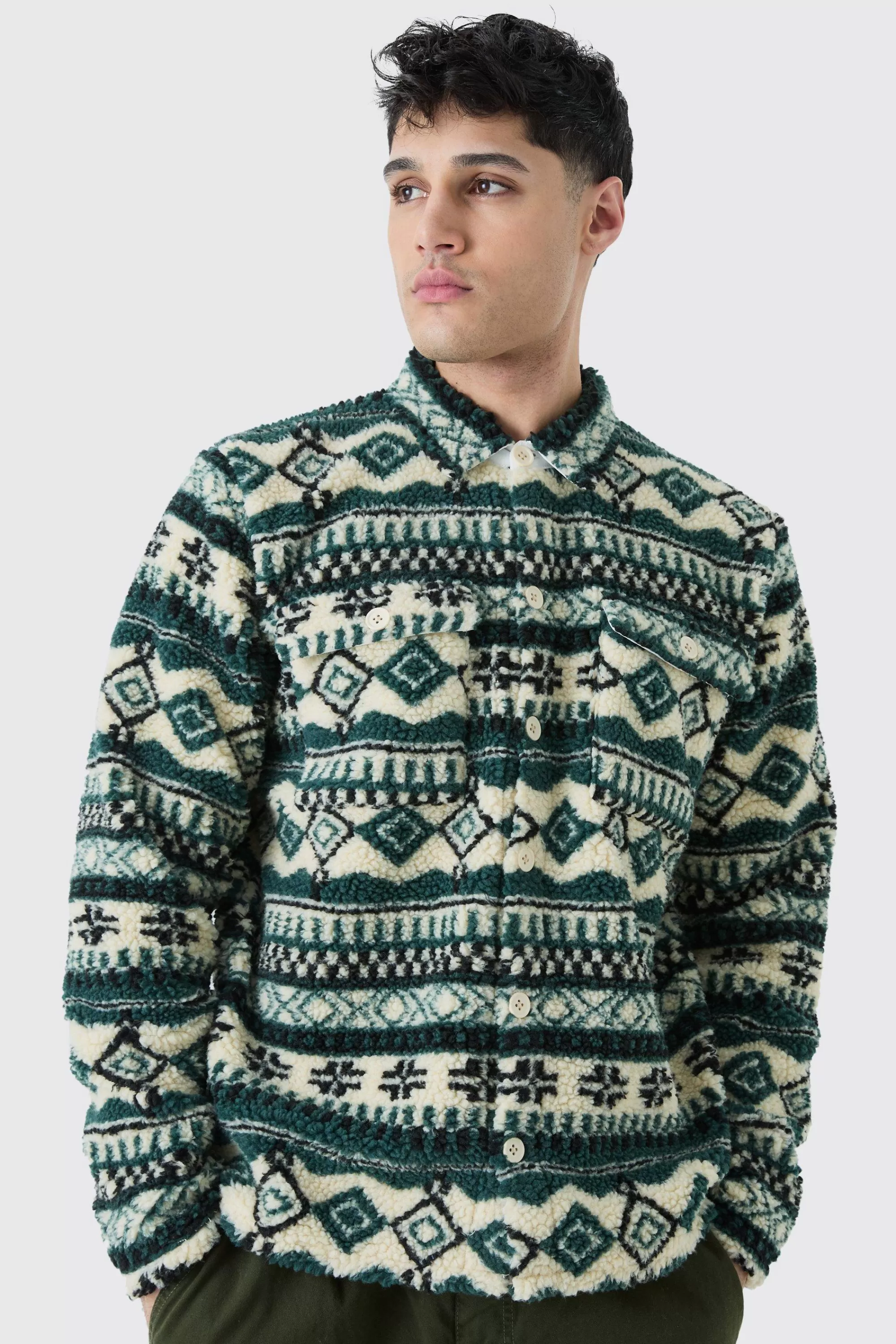 boohooMAN Borg Patch Pocket Aztec Overshirt | UK